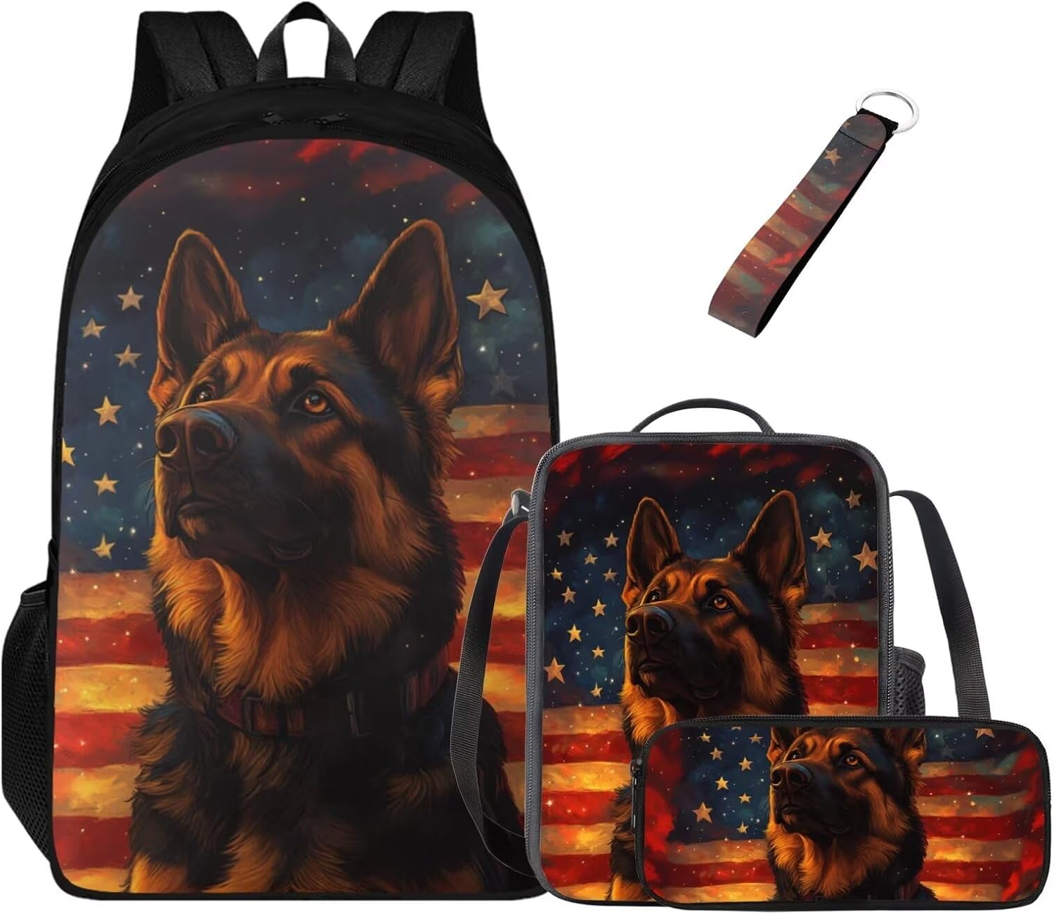 GIFTPUZZ American Flag Dog School Backpack for Boys 8-12 Cool Bookbag with Lunch Bag Lightweight 4-Piece Set Boys Daypack for Travel Outdoor Hiking