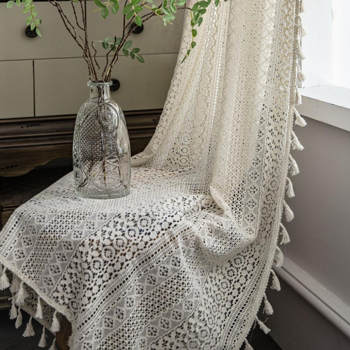 Rideaux de fenêtre en dentelle bohème 150x220cm avec finitions glands suspendus