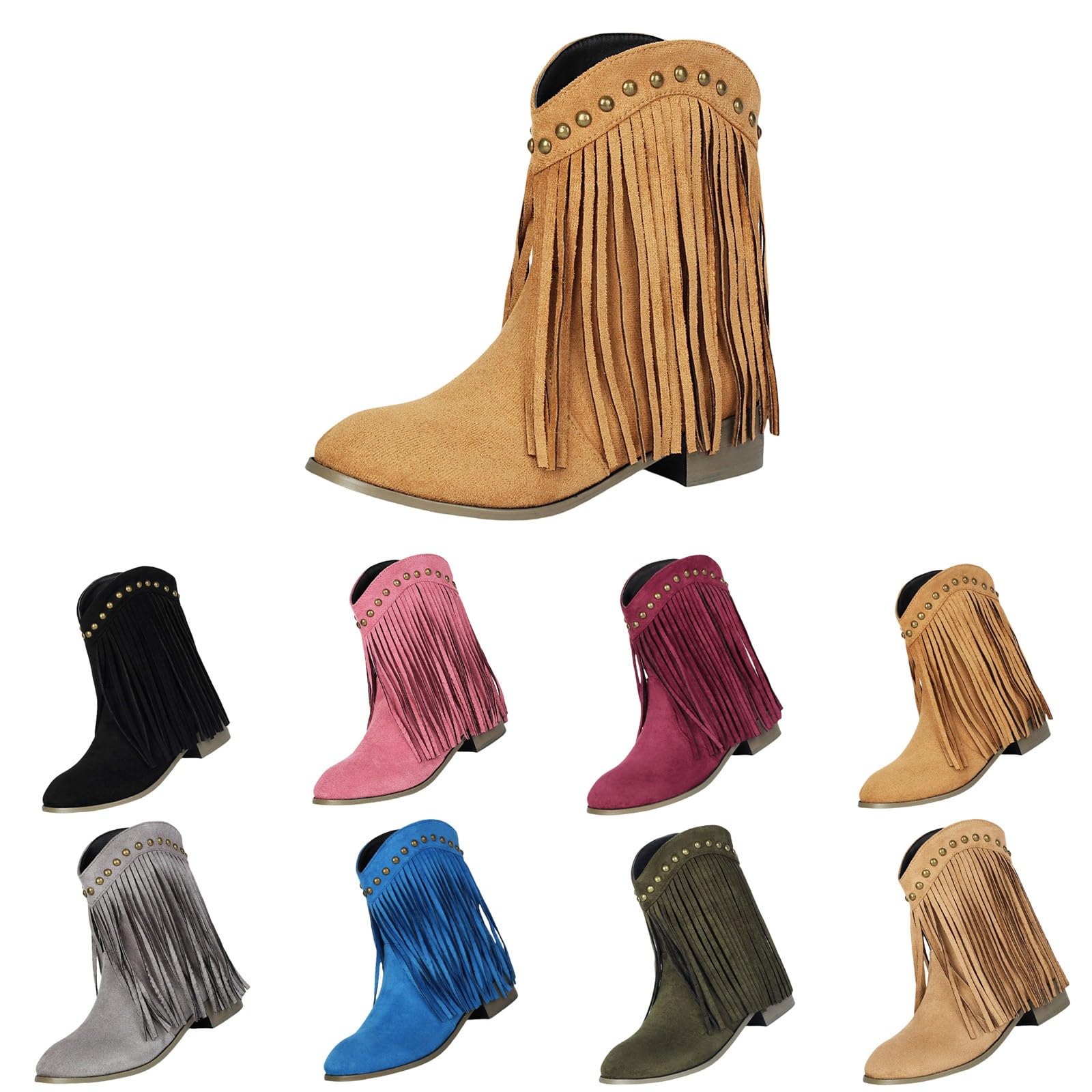 Cowboystiefel für Damen, knöchelhoch, mit Fransen, Cowboystiefel, Wildleder, Westernschuhe, Winter, warme Outdoor-Stiefel, breite Wade, Cowgirl-Schuhe, Blockabsatz