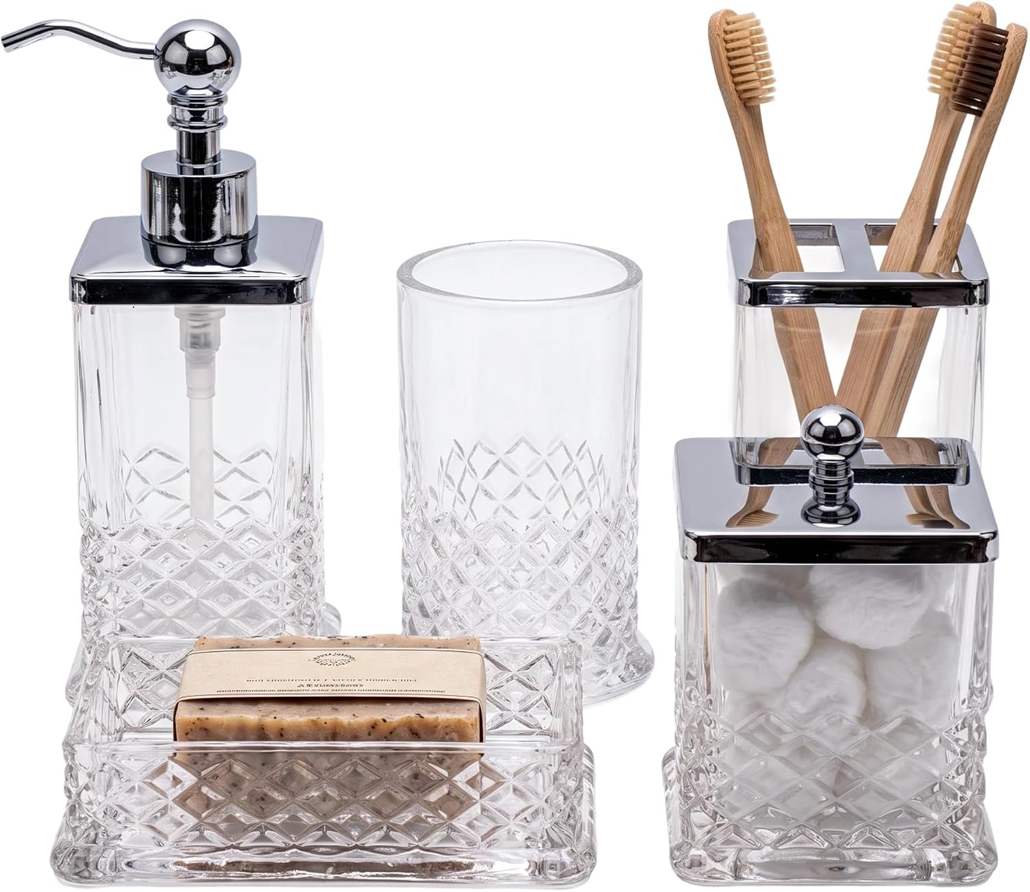 JKE Heavy Glass 5Pcs Bath Accessory Set Transparent Vintage