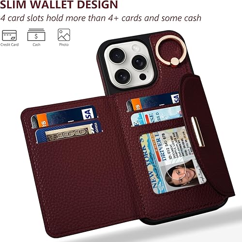 Miniatura 2 de Keallce Funda tipo cartera para iPhone 15 Pro Max, funda de cuero con ranuras para tarjetas, soporte para anillo, funda protectora para teléfono