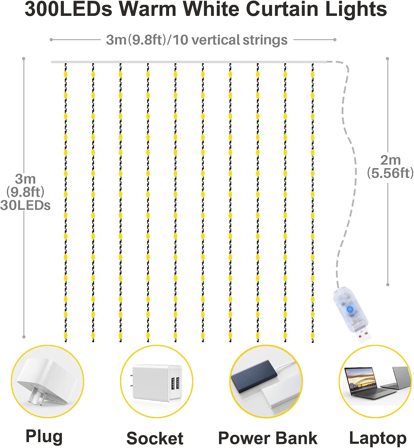 Yizhet 300 LED Window Curtain String Lights 9.8 x 9.8ft LED Curtain Lights 8 Lighting Modes Indoor Outdoor Wall Decorative Christmas Lights for Wedding Party Garden Bedroom Decorations (Warm White)