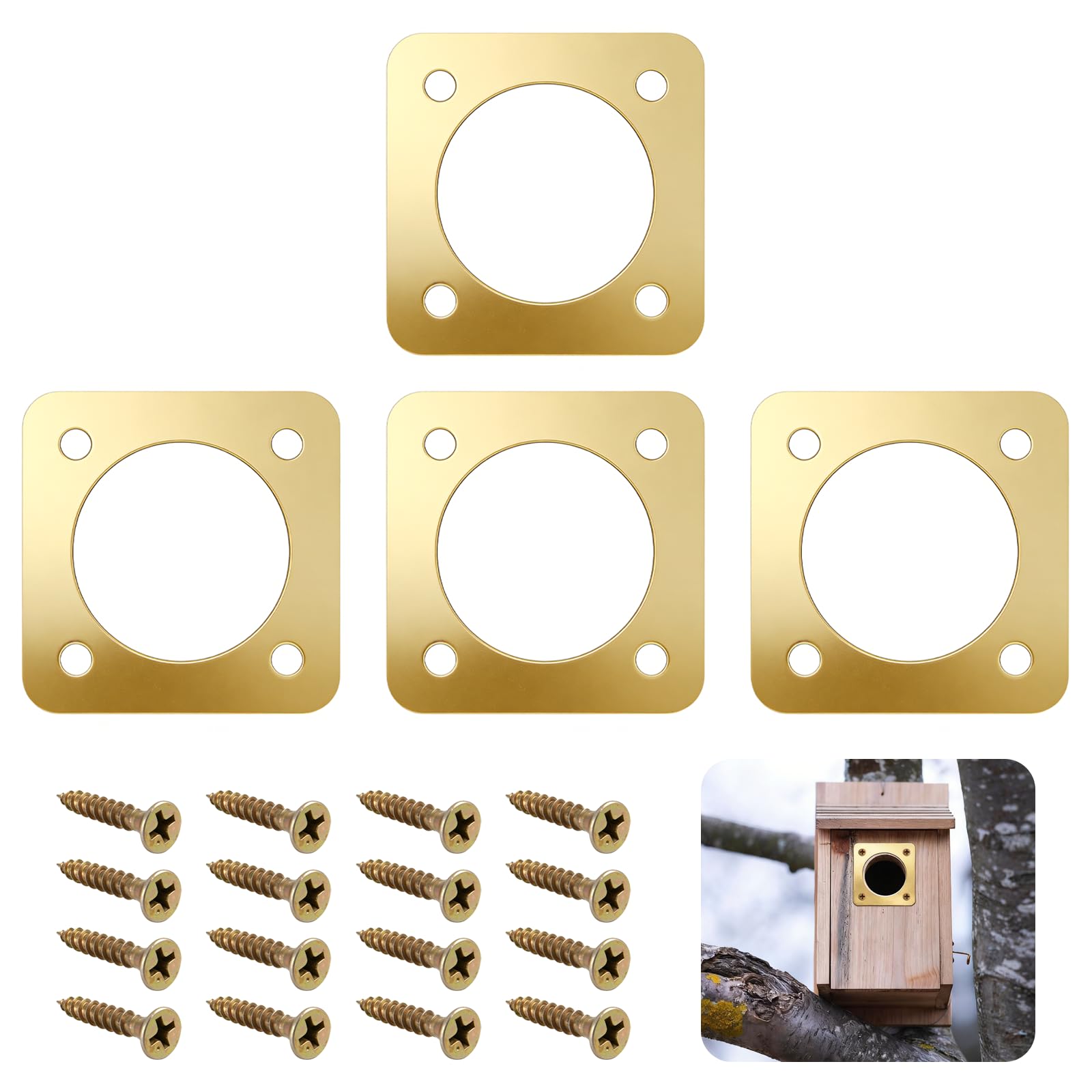 KIBBEH 4Pcs Golden Bird Nest Box Protection Plates, 50mm Metal Guard with Screws, Reinforced Entry Hole Cover for Garden Bird Houses, Nesting Boxes