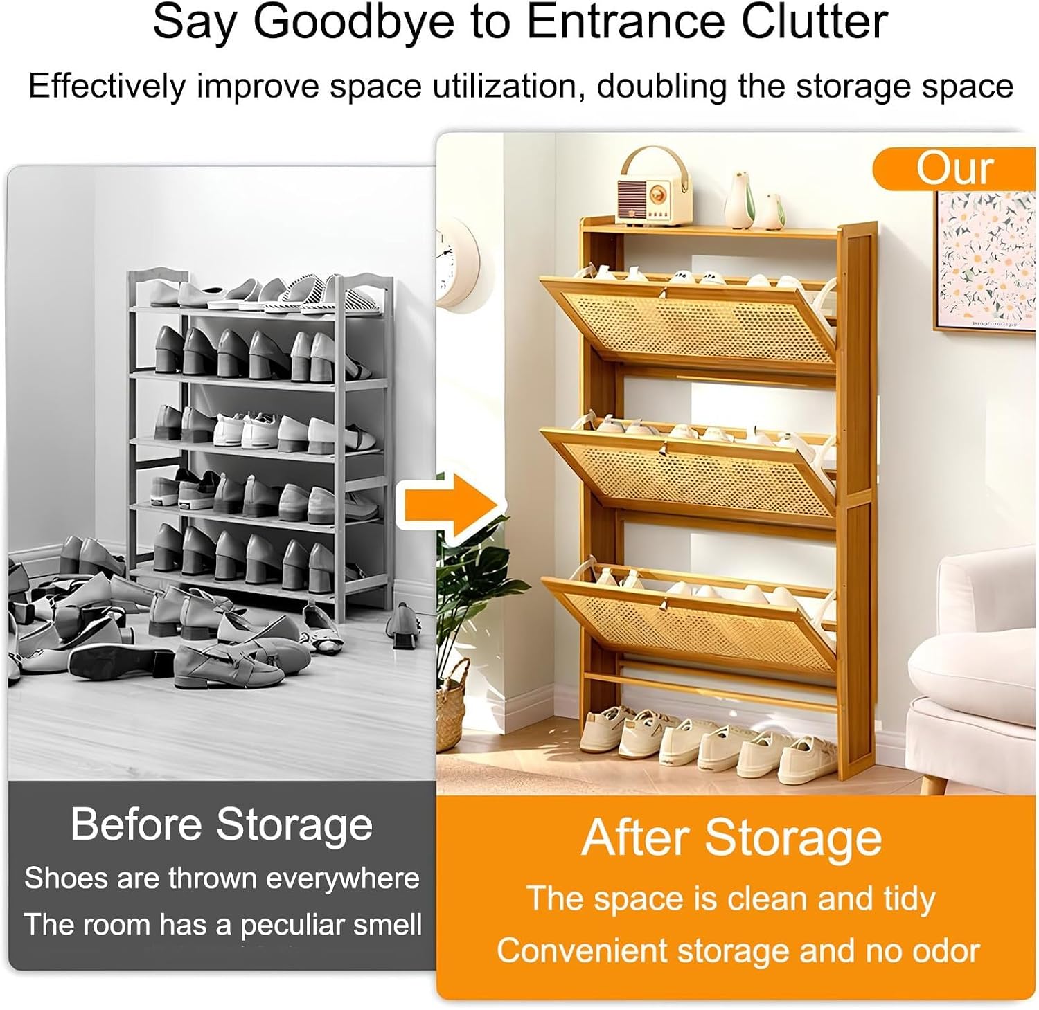 Natural Rattan Decor Shoe Cabinet with 2/3 Flip Drawers, Bamboo Storage Cabinet Free Standing Shoe Racks Shoe Organization for Entryway Closet Living Room,A,2 Doors 50cm/20in