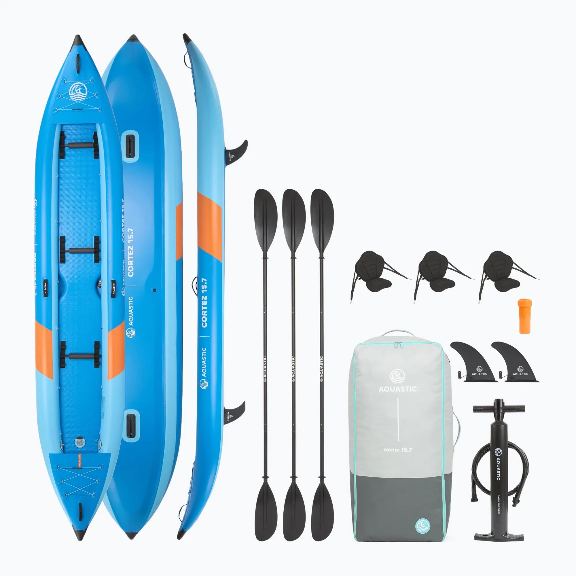 AQUASTIC Cortez - Kayak gonfiabile per 3 persone, 475 cm, con fondo Drop-Stitch, pagaie, sedili e pompa