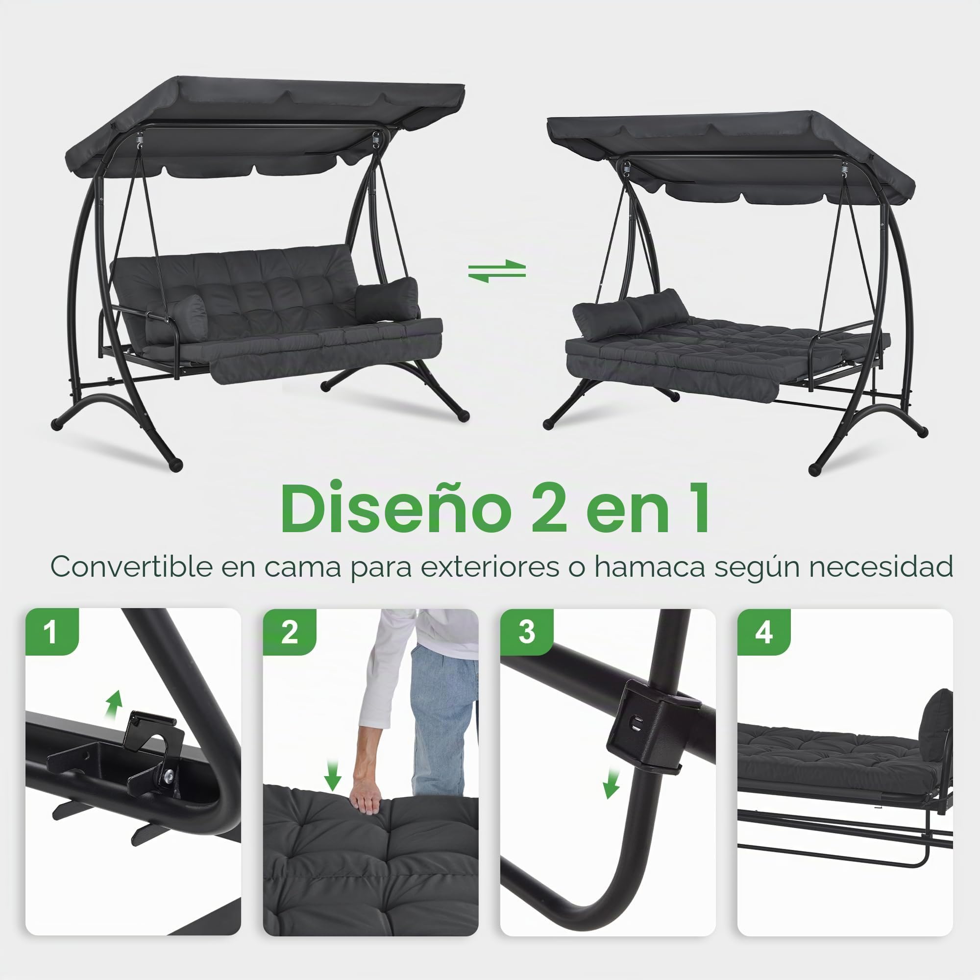 M MCombo columpio de jardín de 3 plazas con función de cama, con cojín extra grueso y toldo parasol, columpio de jardín con capacidad de carga hasta 300 kg, 201x125x173 cm, banco balancín para