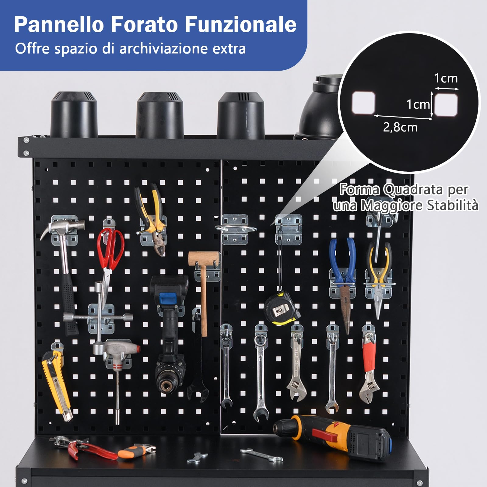 COSTWAY Banco da Lavoro con Piano da 81 x 41 cm, Banco da Lavoro Officina con Pannello Forato e 20 Ganci, Cassetto e 2 Ripiani, Tavolo Lavoro per Garage Capacità 225 kg (Nero, 81 x 41 x 156 cm)