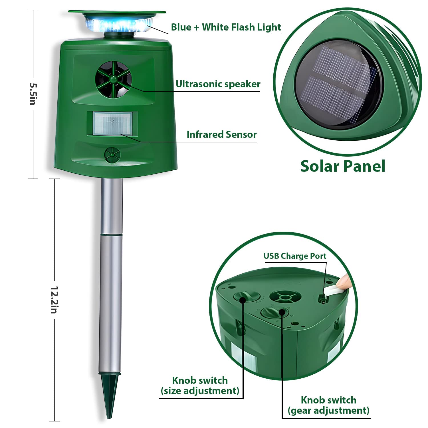 Repellente a ultrasuoni a 360° per gatti e volpi, 5 modalità, repellente per piccioni solare e a batteria, impermeabile, deterrente per uccelli, scoiattoli, gatti, spaventapasseri per giardino, con