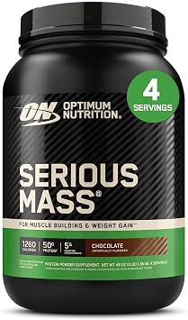 Optimum Nutrition Serious Mass, Weight Gainer Protein Powder, Mass Gainer, Vitamin C and Zinc for Immune Support, Creatine, Chocolate, 3 Pound Packaging May Vary