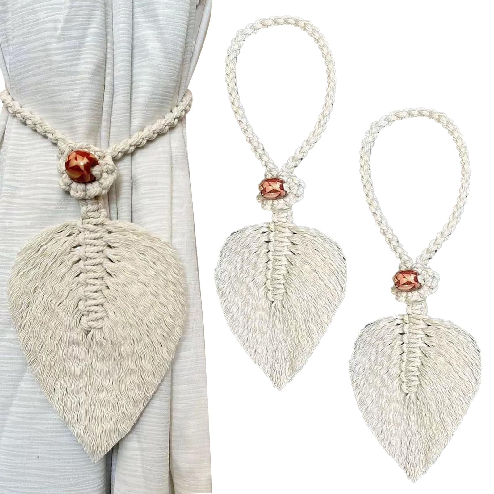 2-Pack Bohemian Cotton Leaf Curtain Tiebacks with Beaded Decoration – Handwoven Drapery Holdbacks for Home, Bedroom, and Office Decor (White)