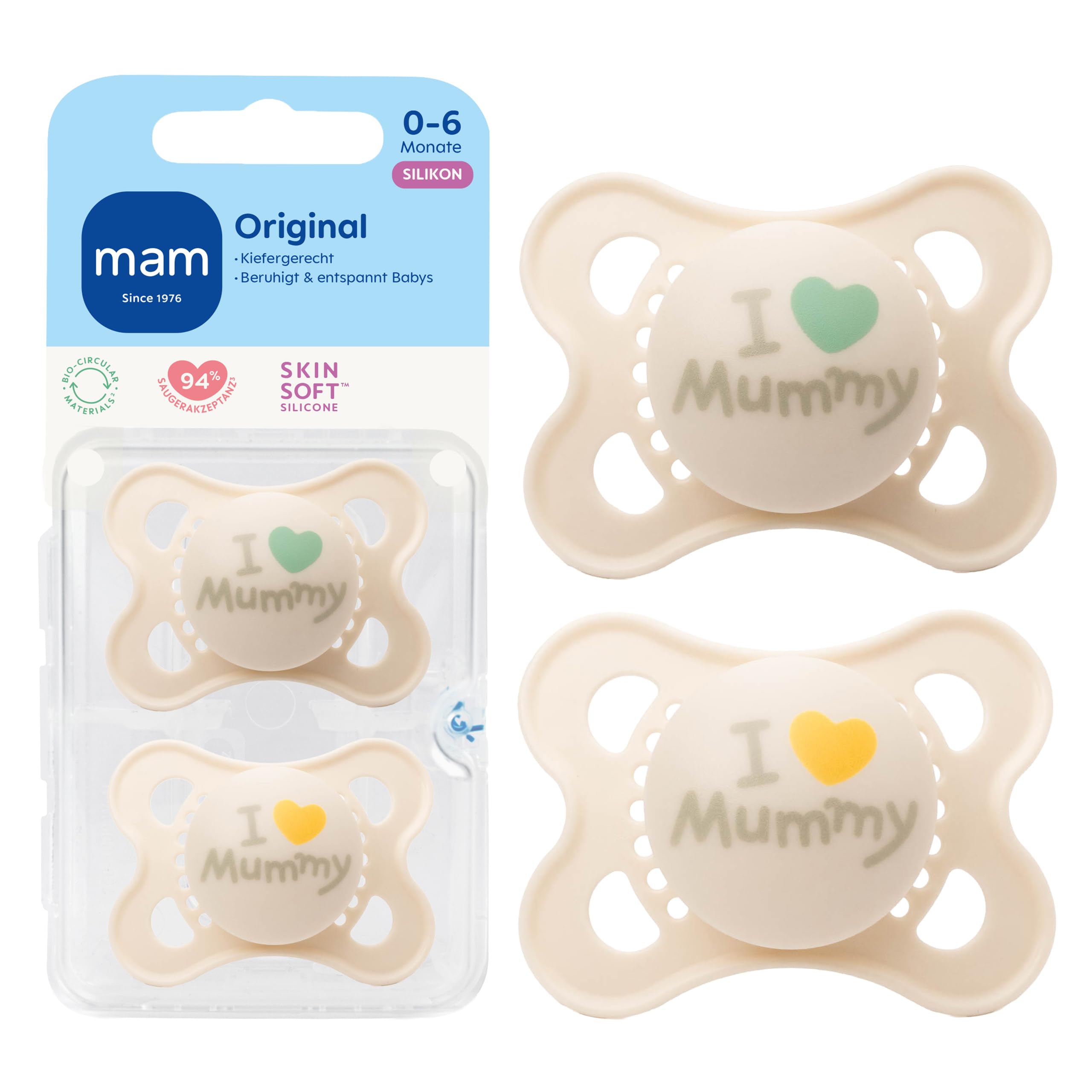 MAM Original Schnuller, 0-6 Monate, Mummy/Beige, 2 Stück | Leuchtet im Dunkeln, Stillfreundlich, Zahnfreundliches Design, SkinSoft Silikon, Inkl. Sterilisierbox