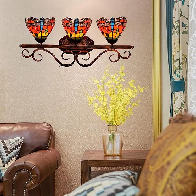 Generic Tiffany Wall Lamp, Dimmable Handmade Stained Glass Wall Sconce, E26-3 Light, Antique Vintage Bathroom Mirror Front Wall Light for Living Room Bedroom Bedside Reading Home Hallway,D photo 3