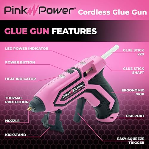 Miniatura 2 de Pink Power Mini kit de pistola de pegamento caliente inalámbrica con soporte, 20 varillas, funciona con pilas, inalámbrico, calentamiento rápido,
