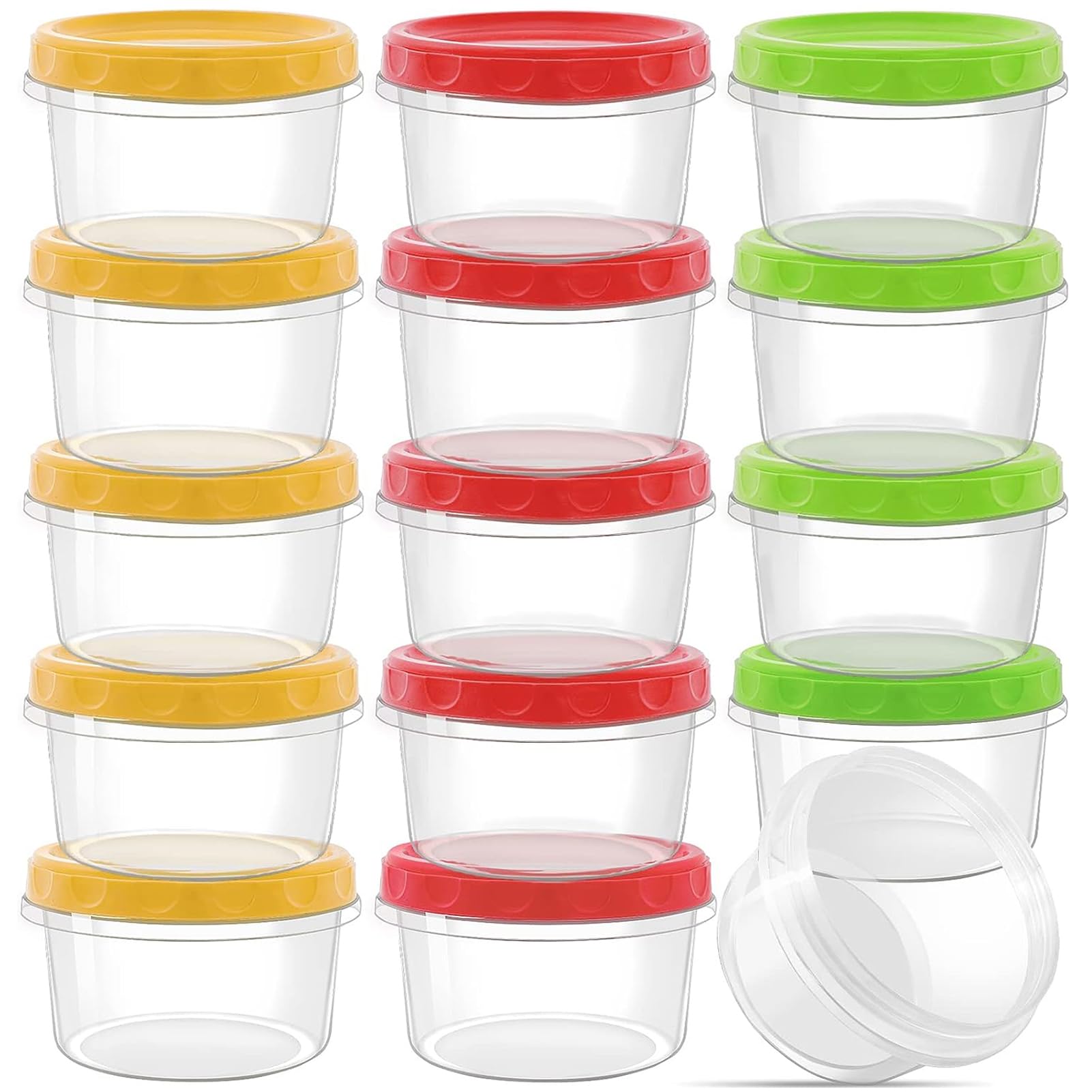 Hikrxya 15 Pcs 8 oz Small Reusable Plastic Food Container with Lids, Deli Containers Stackable Clear Food Storage Jars, Dishwasher & Microwave & Freezer Safe (Red/Green/Yellow)