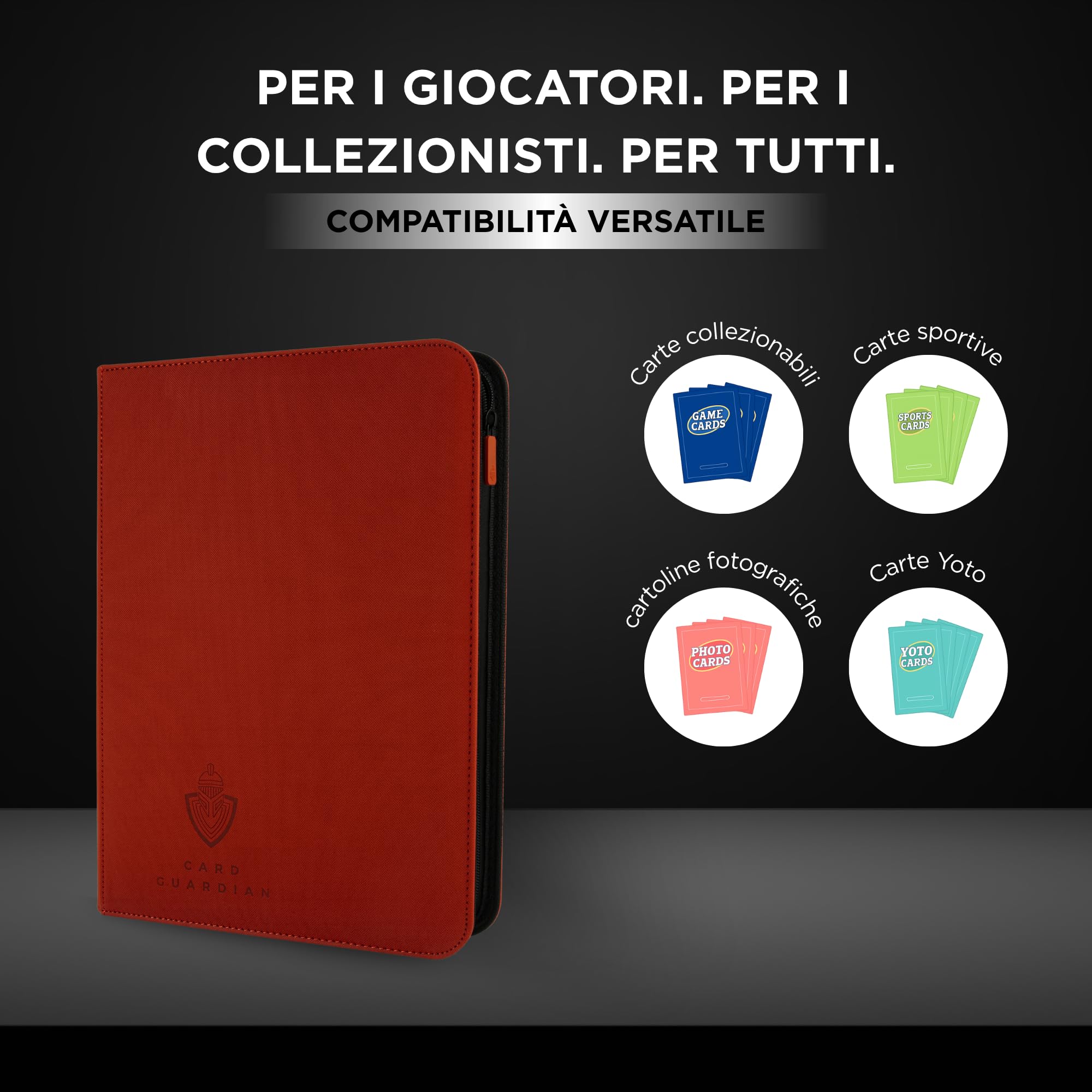 Card Guardian – Raccoglitore Carte Premium 9 Tasche con Cerniera | Album 360 Carte con Tasche a Caricamento Laterale – Binder Carte per TCG, MTG, One Piece, YuGiOh (Rosso)