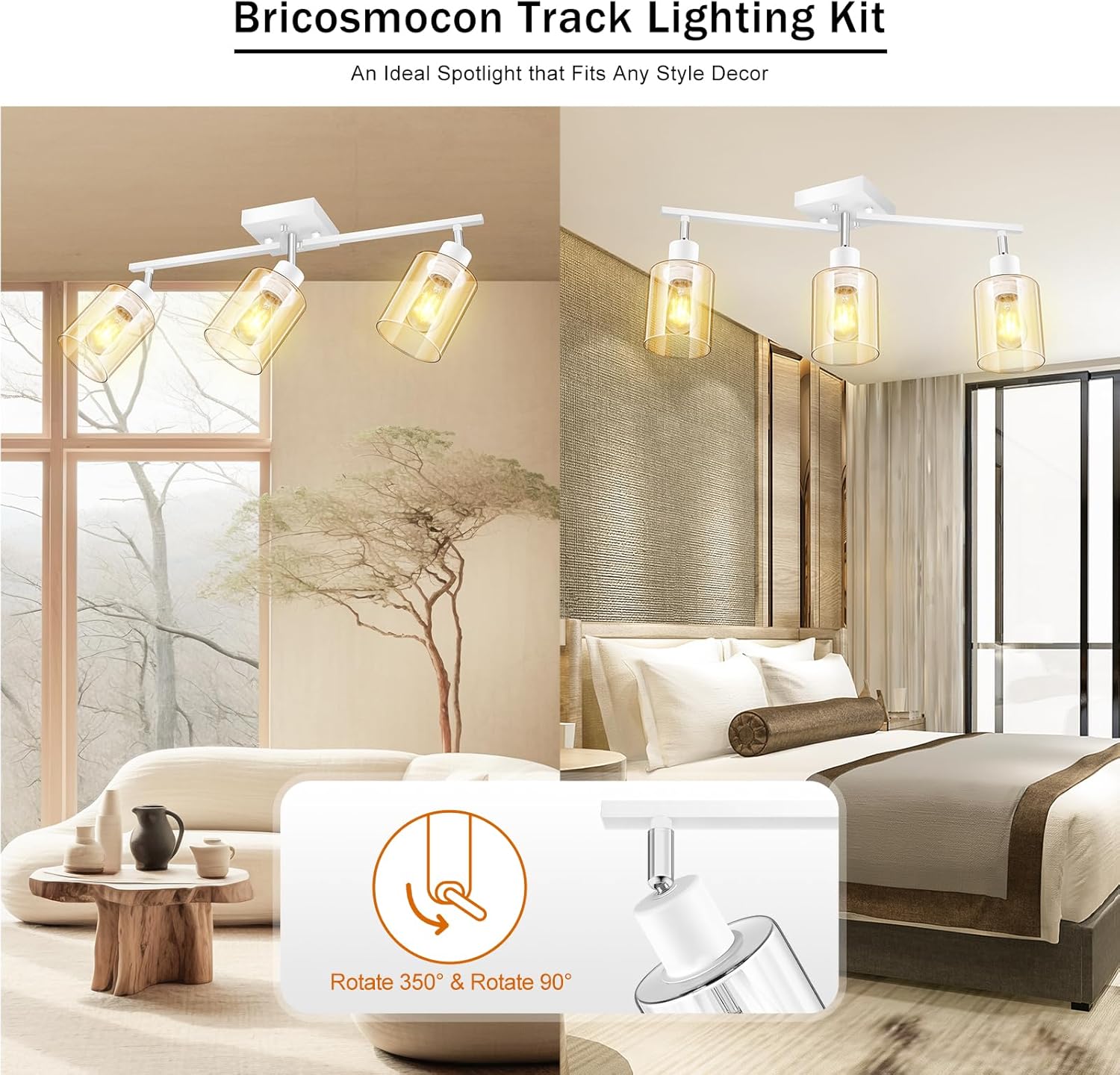 Track Lighting Kit, Track Lighting Fixtures Ceiling Kitchen, 23" White 3-Light Ceiling Spotlight with Clear Glass Shade, Rotatable Track Head, White Wall Lamp for Island, Vanity(E26 Base, No Bulb)