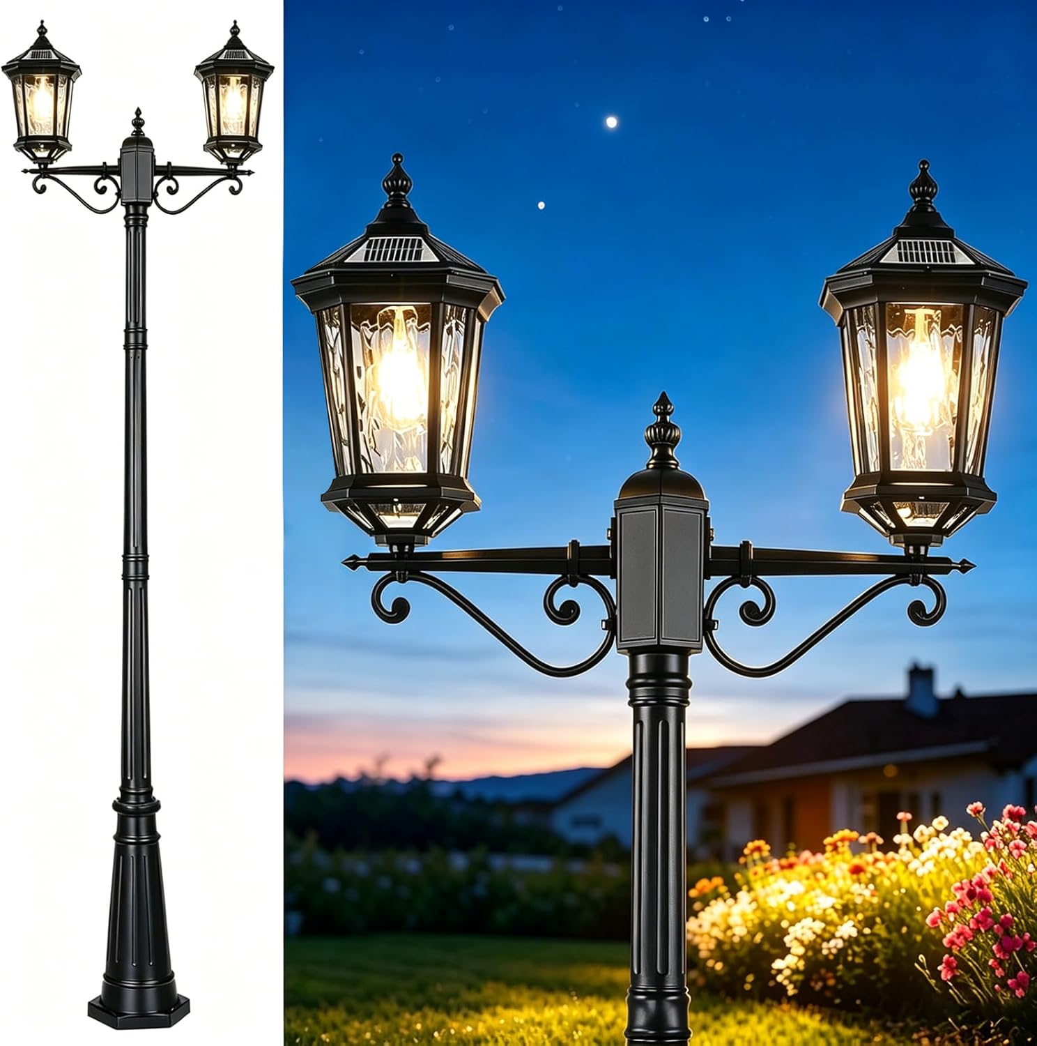 Solar Post Lights Two E26 Lamps Holder with Remote and Automatic ON/Off,Solar Powered Outdoor Waterproof High Pole Standing Lamp Lighting for Outside Path,Yard,Garden,Lawn,Street,94.5In Black