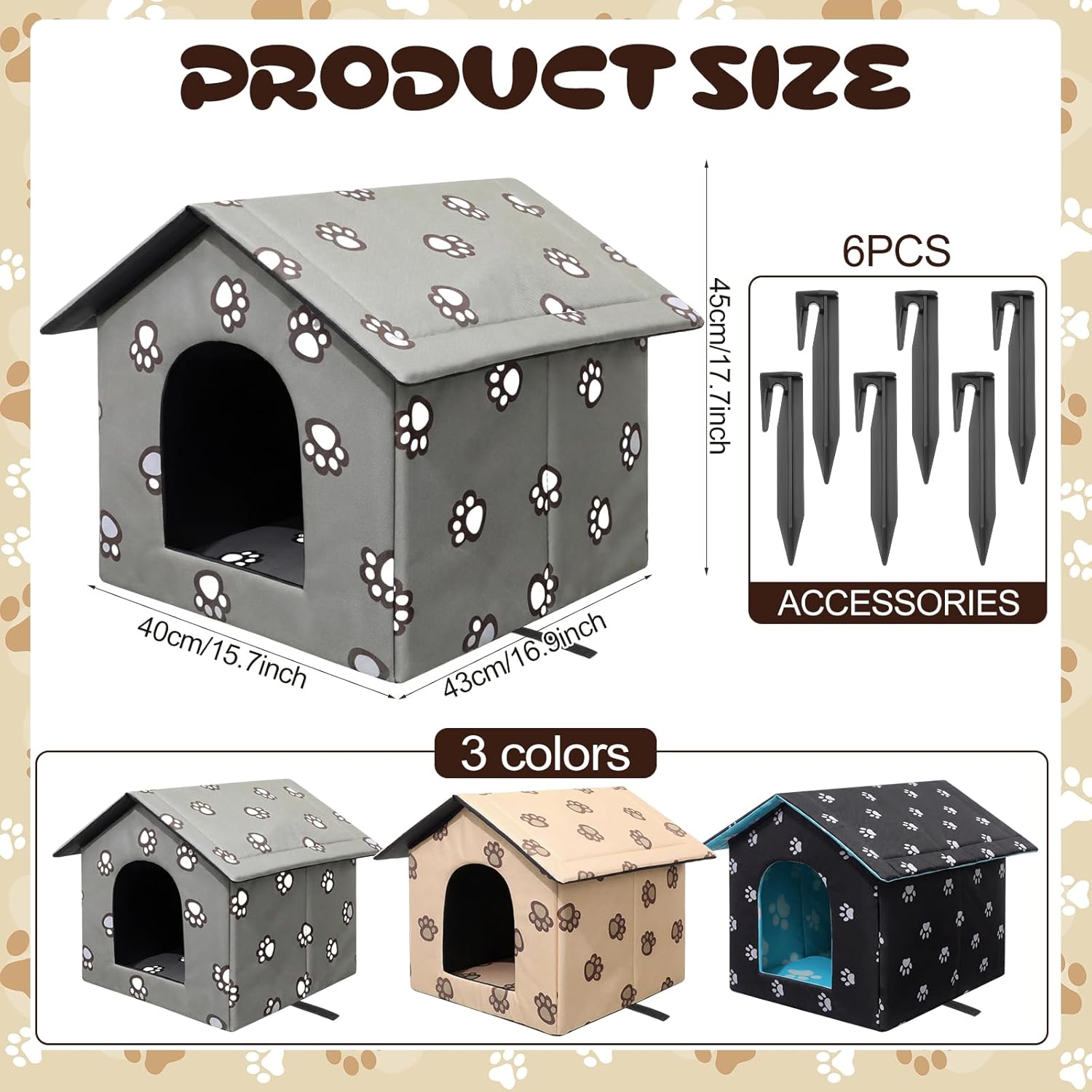 Dansydaisy 3 Pack Outdoor Cat House Bulk 18'' Large Winter Weatherproof Heat Warm Foldable Kitty House Paw Style Waterproof Insulated Pet Cave Shelter Foldable with Pegs for Feral Cat Dog Wild Animal