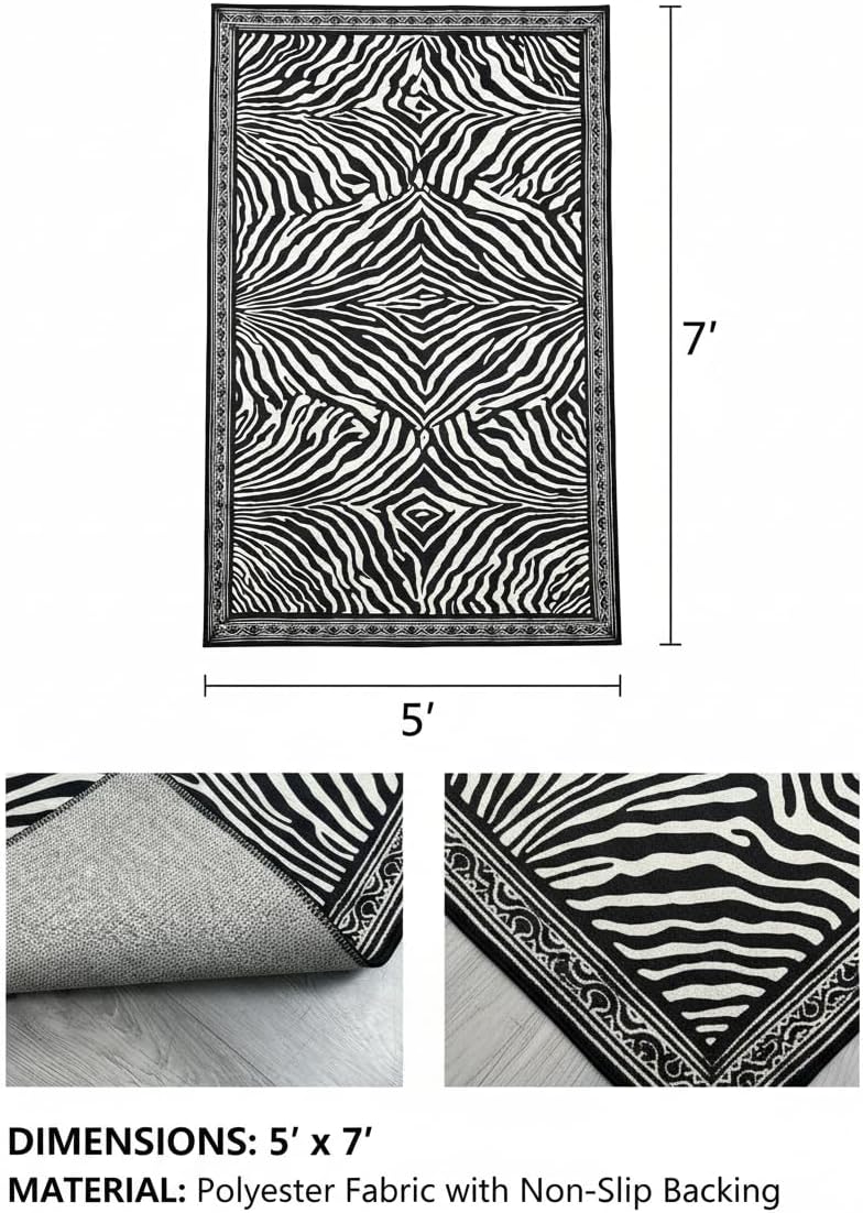 5x7 Area Rug for Living Room，Modern Abstract Black and White Zebra Print Rug, Non-Slip Washable Terrace,Indoor/Outdoor