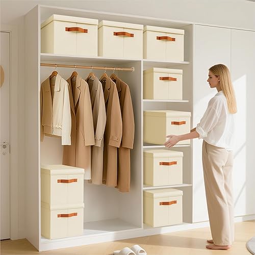 Miniatura 2 de Contenedores de almacenamiento con tapas, cestas de almacenamiento de tela para estantes, paquete de 6 cajas decorativas plegables con asas,