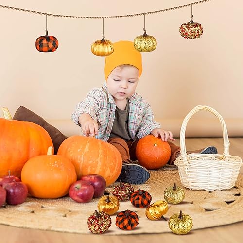 Miniatura 2 de Sotiff Adornos para árbol de Acción de Gracias, adornos colgantes de calabaza de Navidad, bola de espuma con purpurina, envuelta en tela, pequeñas