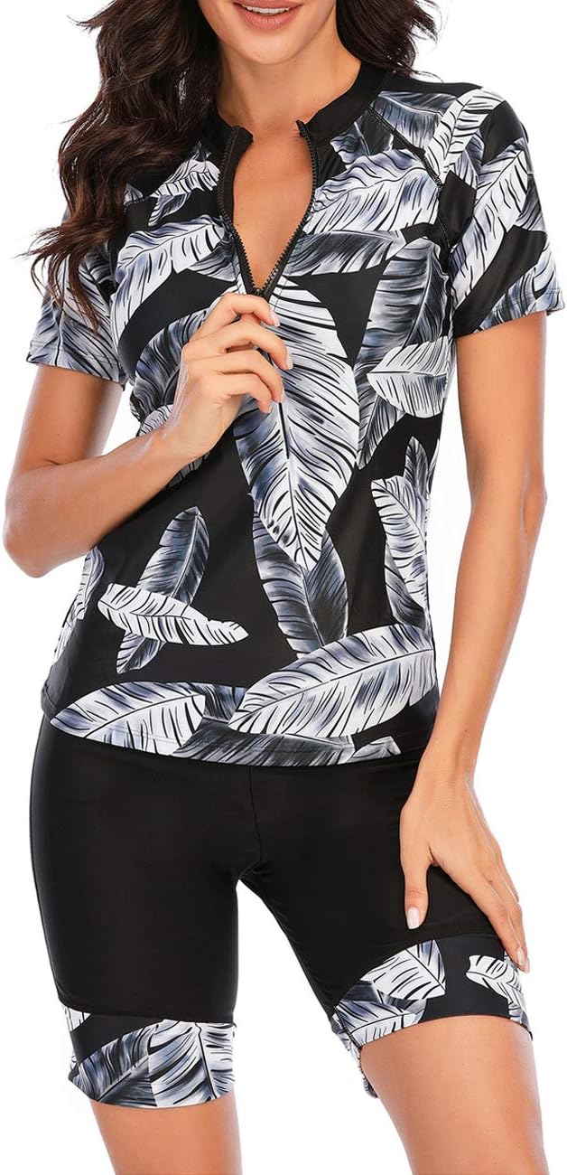 JadeRich Women's Short Sleeve Rash Guard Swimsuit Patterned Zipper Two Piece Bathing Swimwear