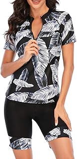 JadeRich Women's Short Sleeve Rash Guard Swimsuit Patterned Zipper Two Piece Bathing Swimwear