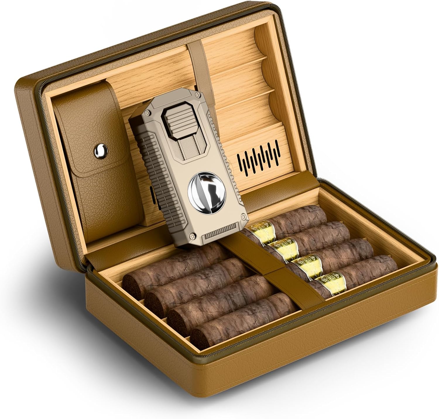 Cigar Humidor Cases, Leather Travel Cigar Box with 5 In-1 Cigar Lighter, Ideal Cigars Accessories Kit Gift for Cigar Lovers (Brown)