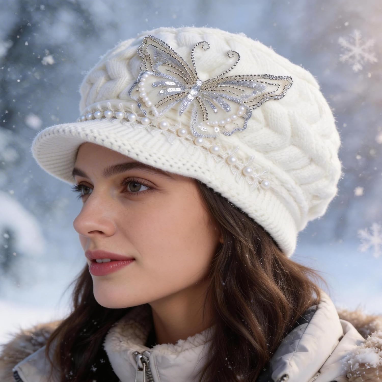 Women's Winter Warm hat, Casual Knitted Newsboy hat, Duckbill hat, Beret, Butterfly Decoration, Pearl Border