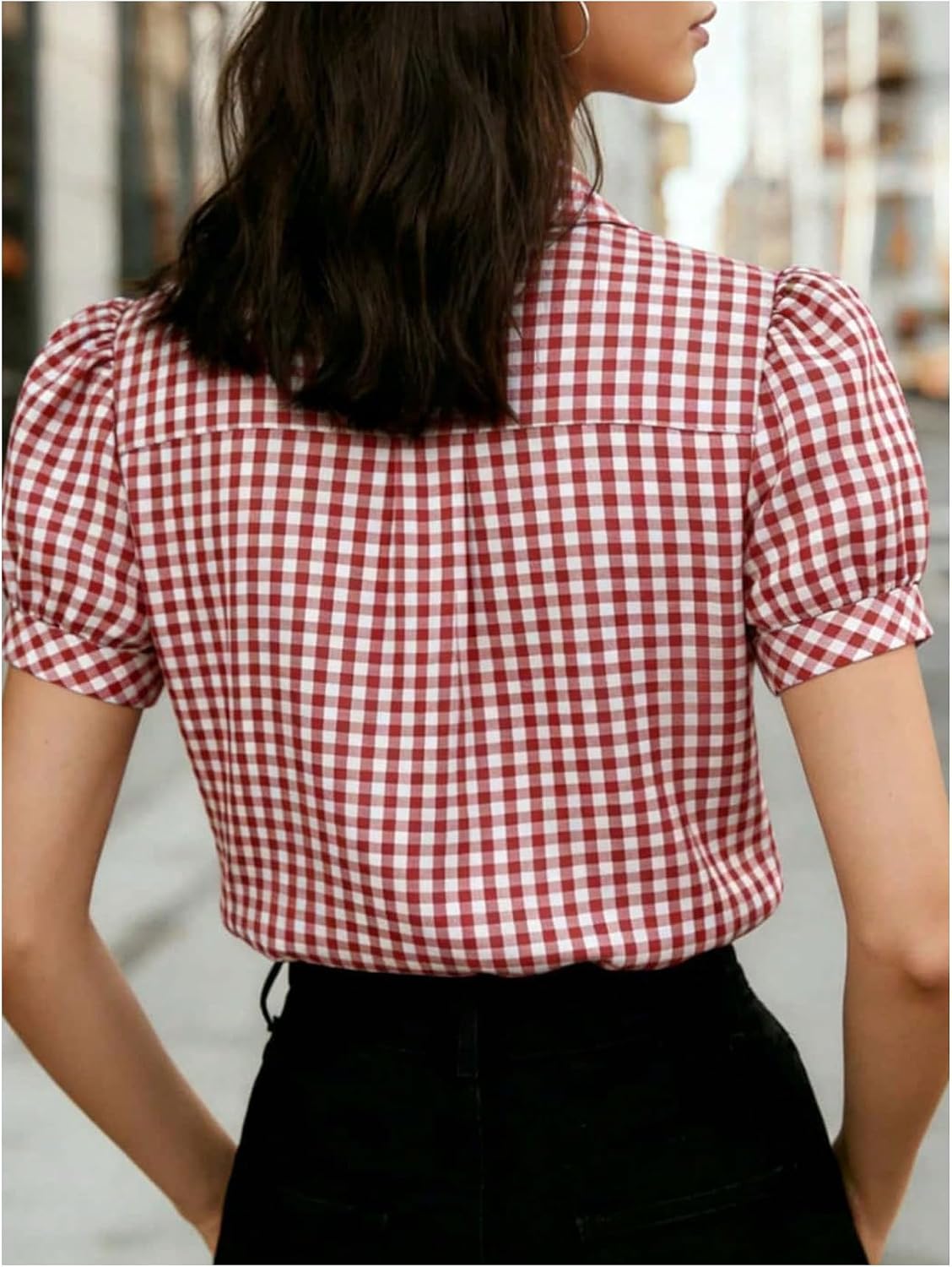 SweatyRocks Women's Plaid Shirt Gingham Button Down Blouses Puff Sleeve Casual Business Collar Shirts