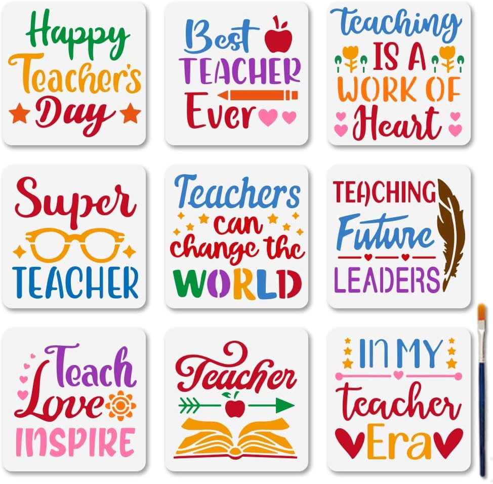 MAYJOYDIY 9Pcs Teacher's Day Stencils 5.9×5.9inch Book Love Blessing Stencils with Paint Brush Reusable Best Teacher Ever Templates for Wood Wall Window DIY Gift Craft