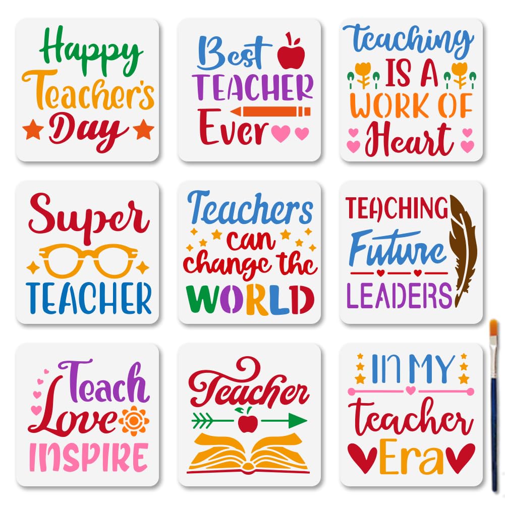 MAYJOYDIY 9Pcs Teacher's Day Wishes Text Painting Stencils 15×15cm Book Love Blessing Stencils with Paint Brush Reusable Teacher's Day Theme Templates for Wood Wall Window DIY Craft