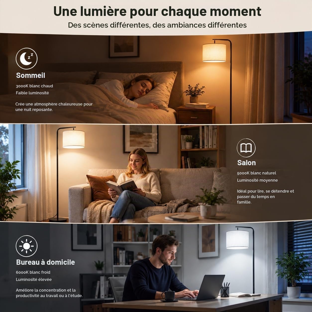 lampadaire sur Pied Salon avec Télécommande, 3 Températures de Couleur