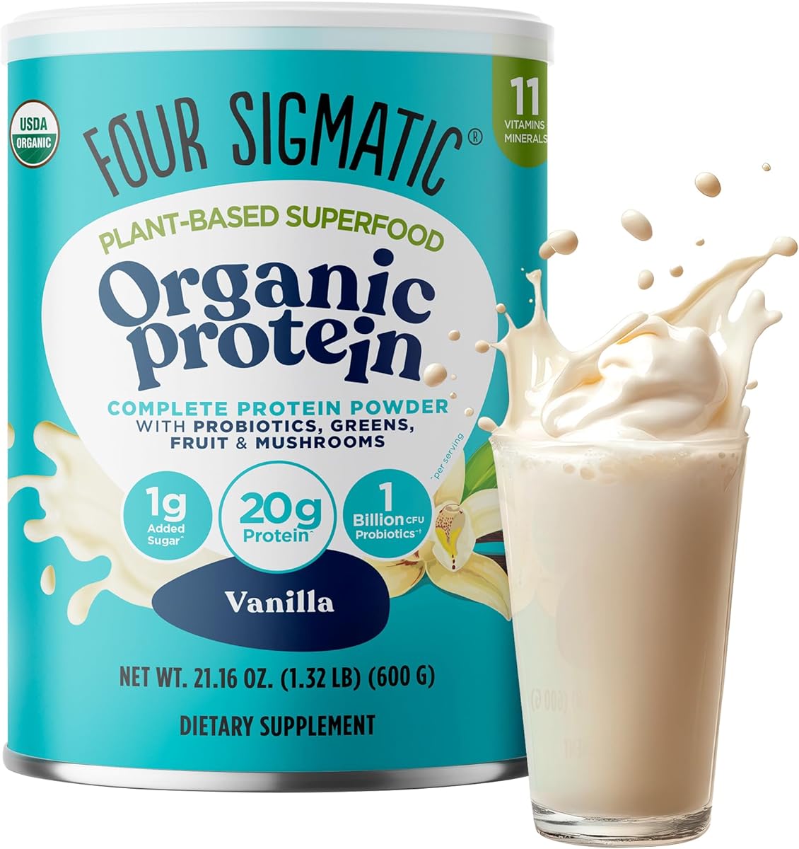 Four Sigmatic Organic Vegan Protein Powder | 18g Plant-Based Protein per Serving | Gluten Free, Dairy Free, Soy Free, Non-GMO with No Filler Ingredients | 21.16oz, 15 Servings | Sweet Vanilla