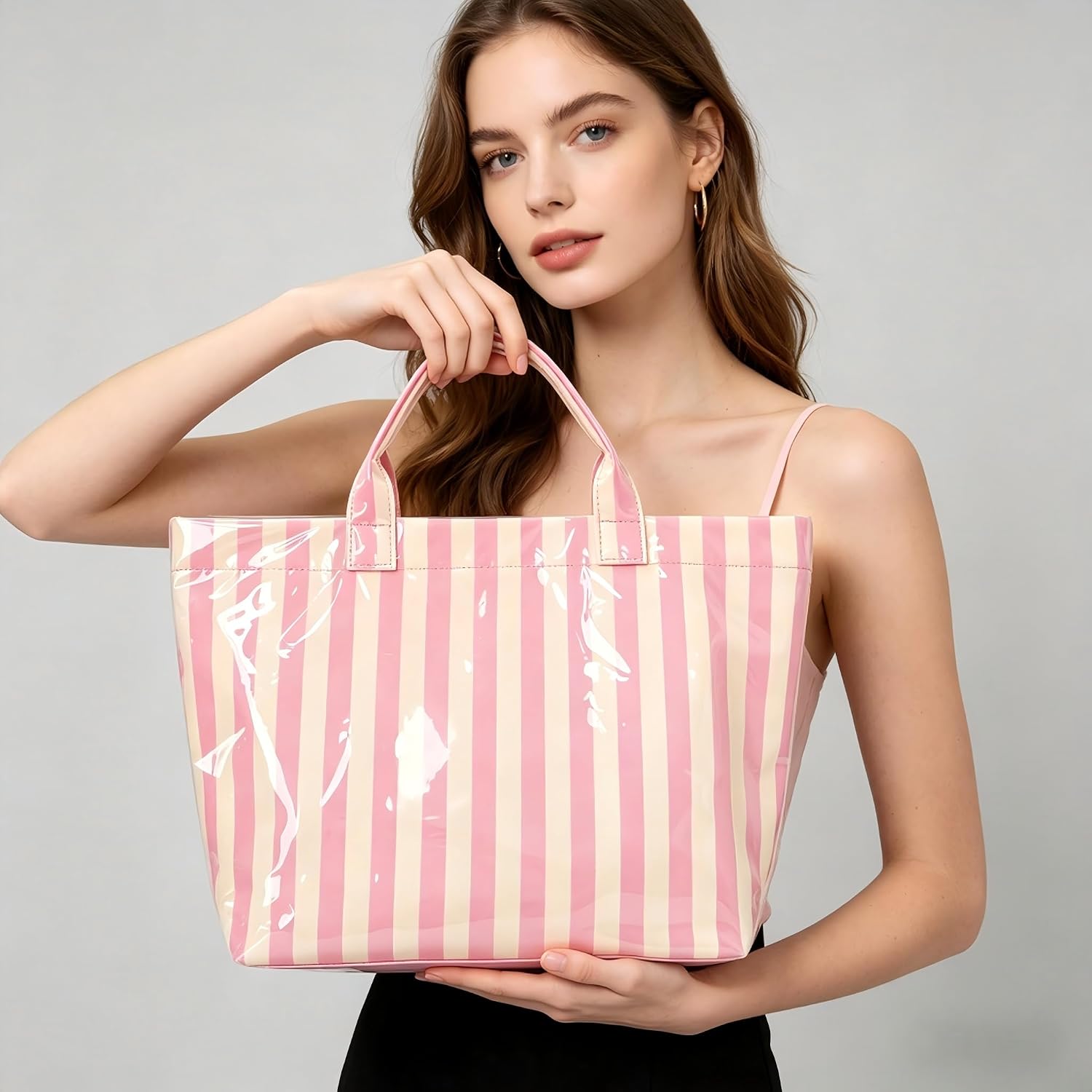 PVC Tote Bag for Women, Large Striped Tote Purse for Shopping