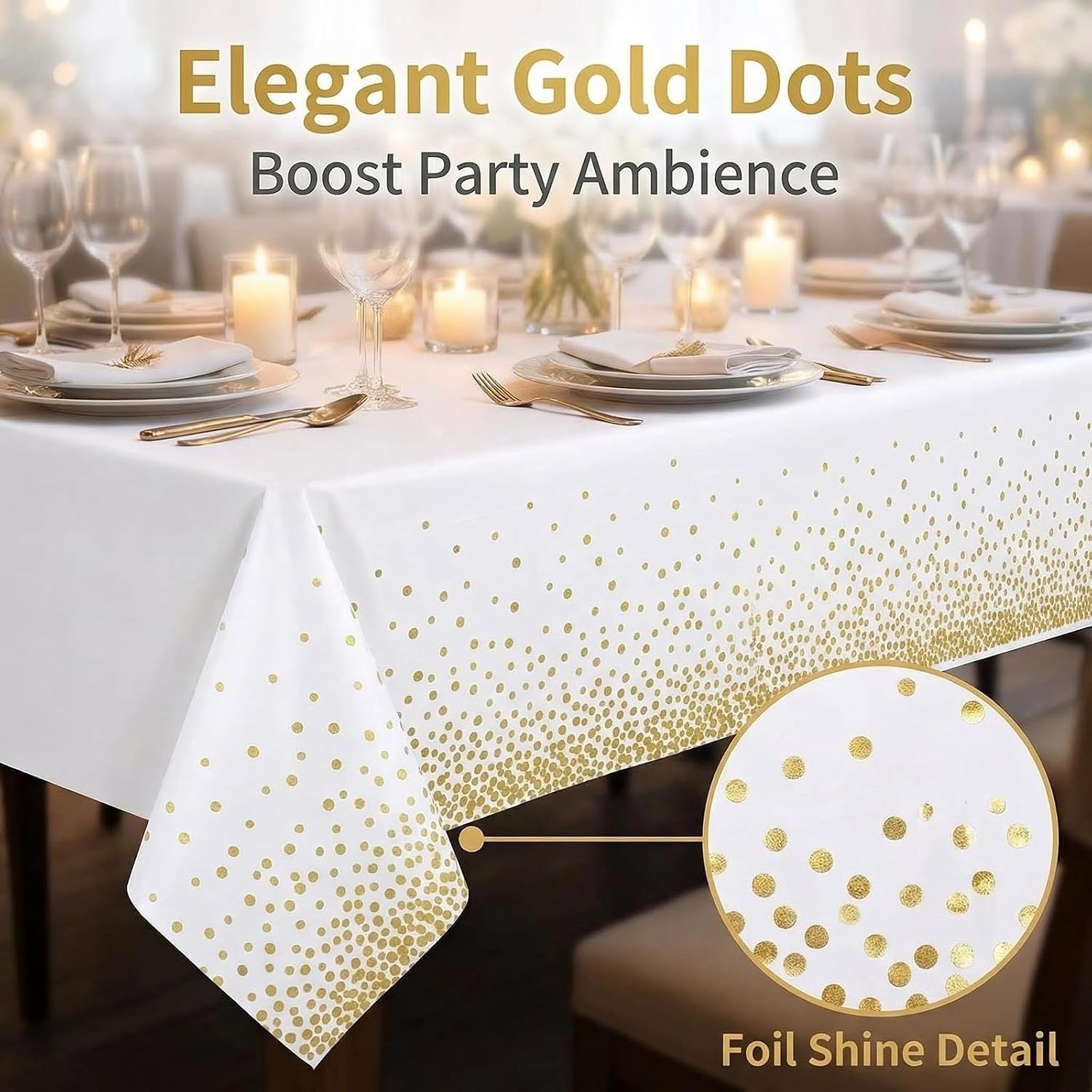 2 Pack White and Gold Tablecloth,Disposable Table Covers for Party, Weddings, and Holidays Decoration,54 x 108 inches Rectangular Disposable dot Party Table Covers image 2