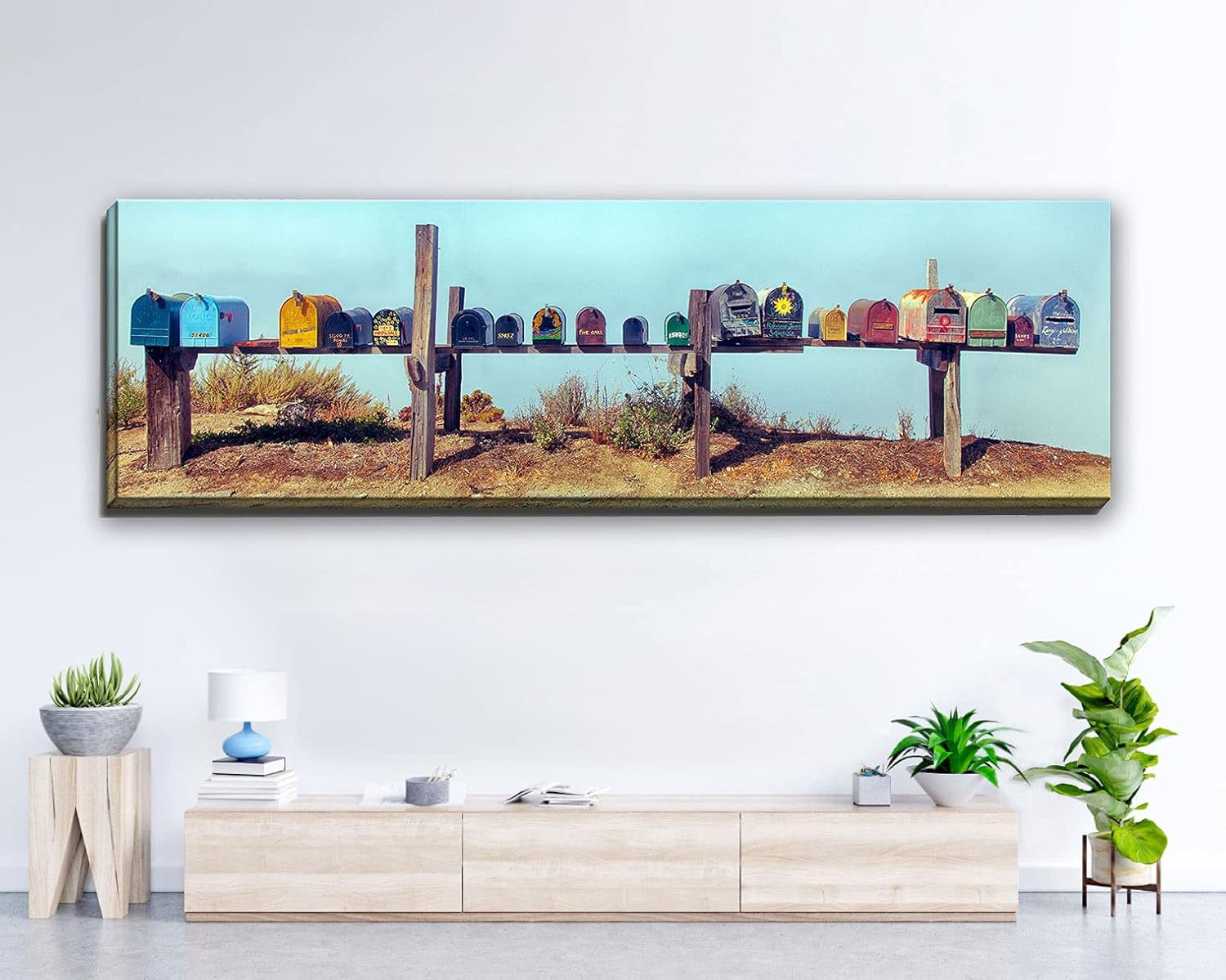 Bob Estrin Handmade 12 X 36 Inch Panoramic Canvas Gallery Wrapped Wall Art Decor Photograph of a Large Group of Colorful Mailboxes in a Row on Wooden Post.