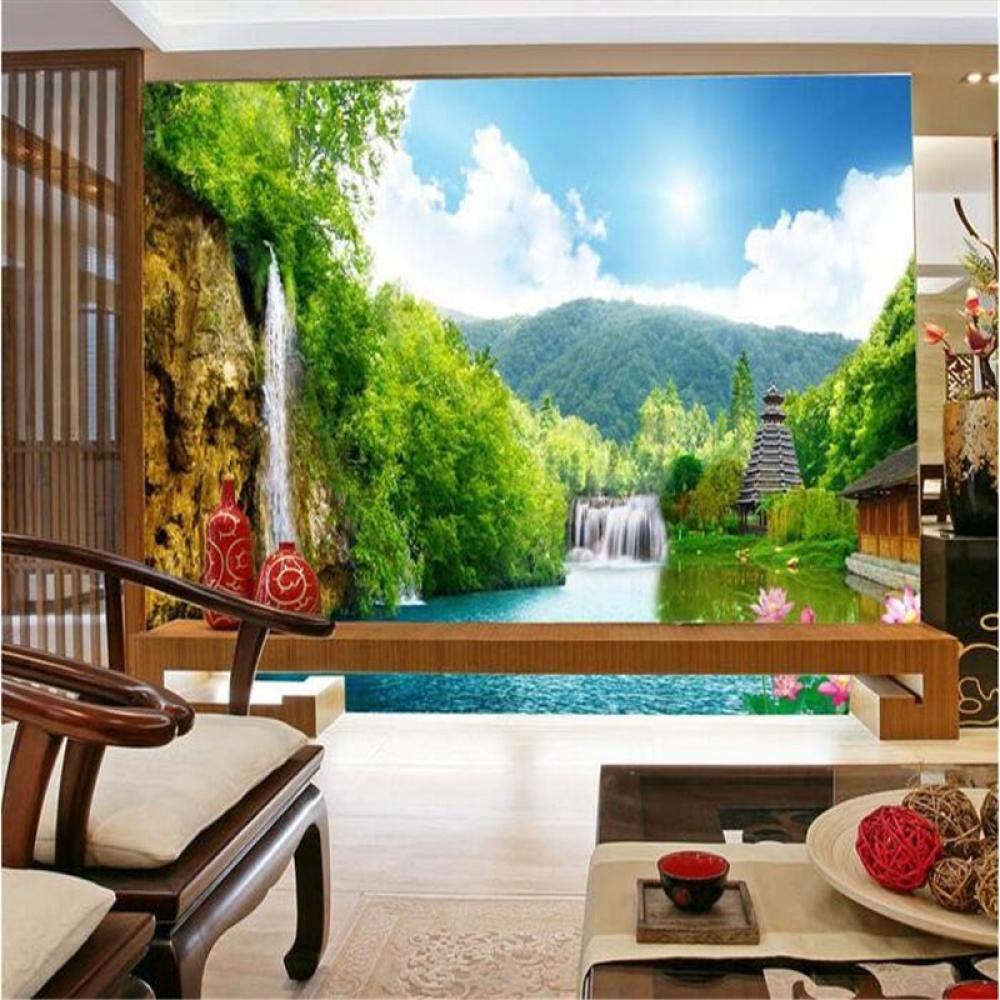 Papier peint 3D montagne et cascade pour salon nature en soie 300x210