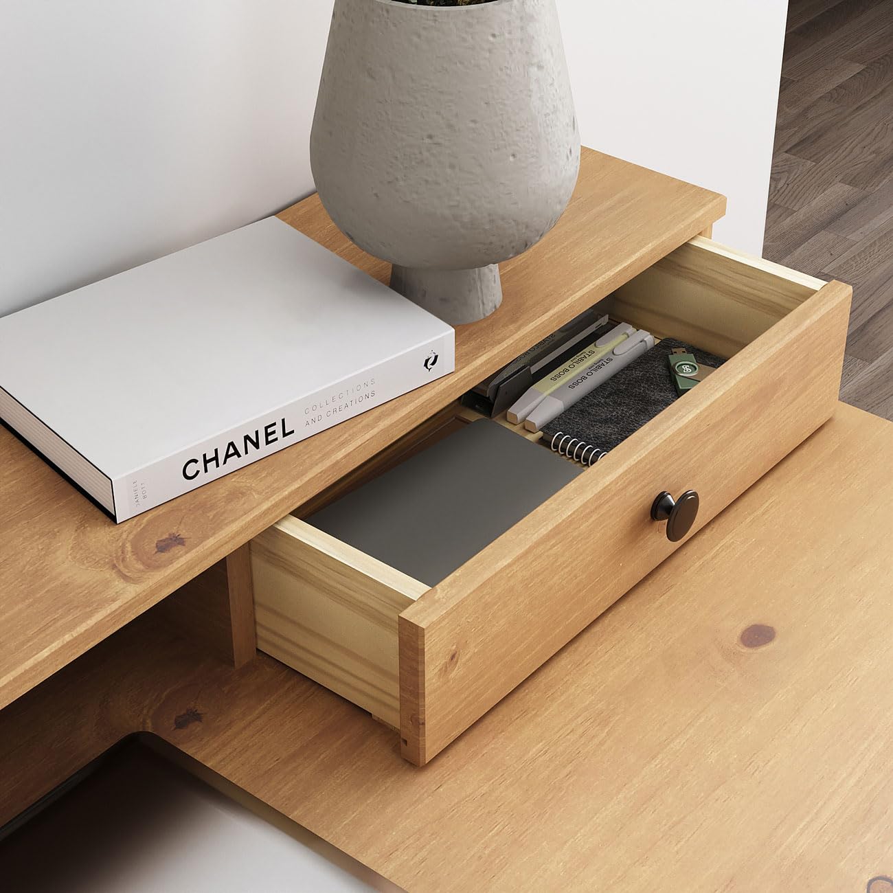 IDIMEX Schreibtisch Malina mit Aufsatz & Schublade aus Kiefer Massivholz, Eiche Farben- Bürotisch mit Stauraum & konischen Beinen, Stabiler PC-Tisch aus robusten Materialien