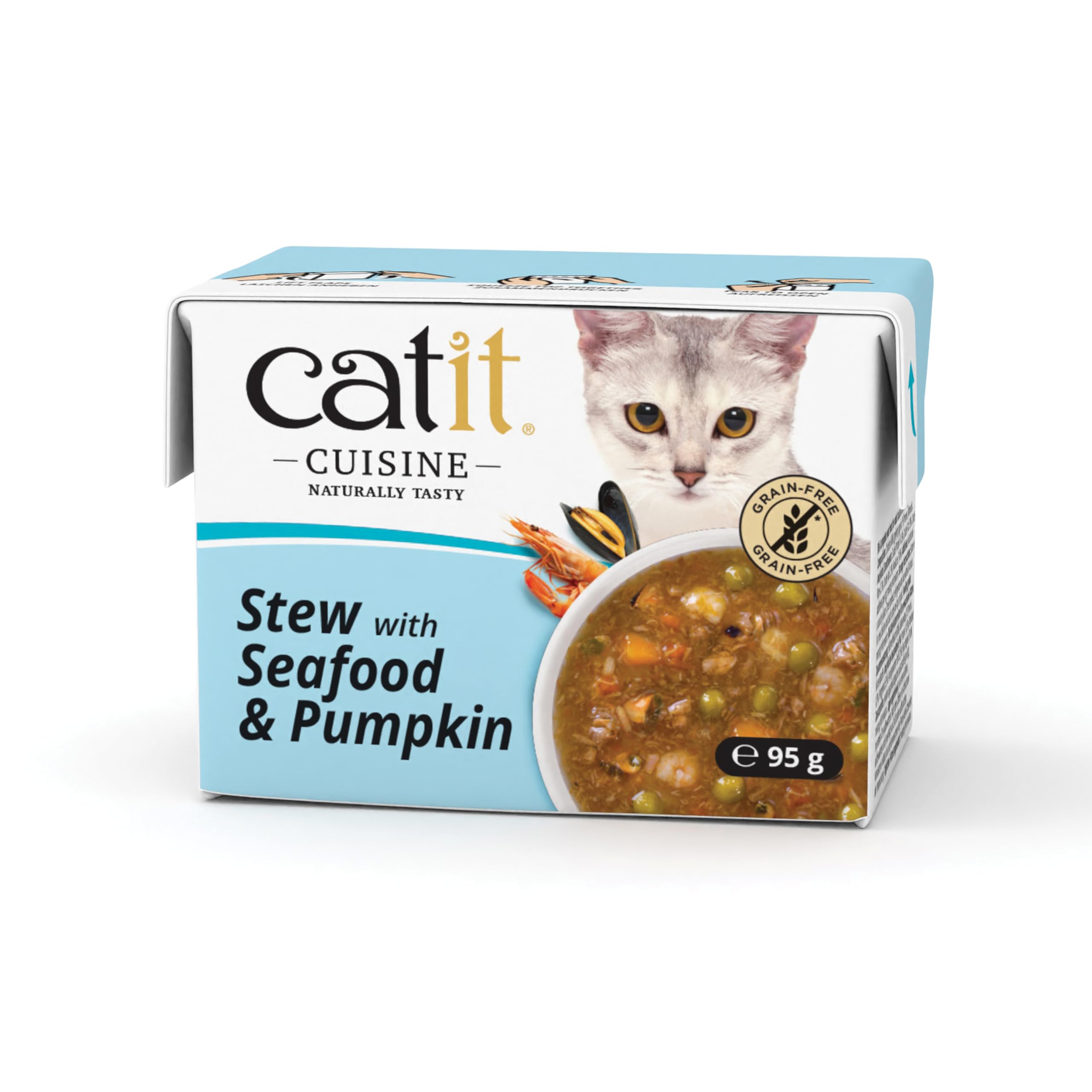 Catit Cuisine Seafood Stew, Grain Free Wet Cat Food in Broth, Tender Meat Stew for Adult Cats, 95g Tetra Pack