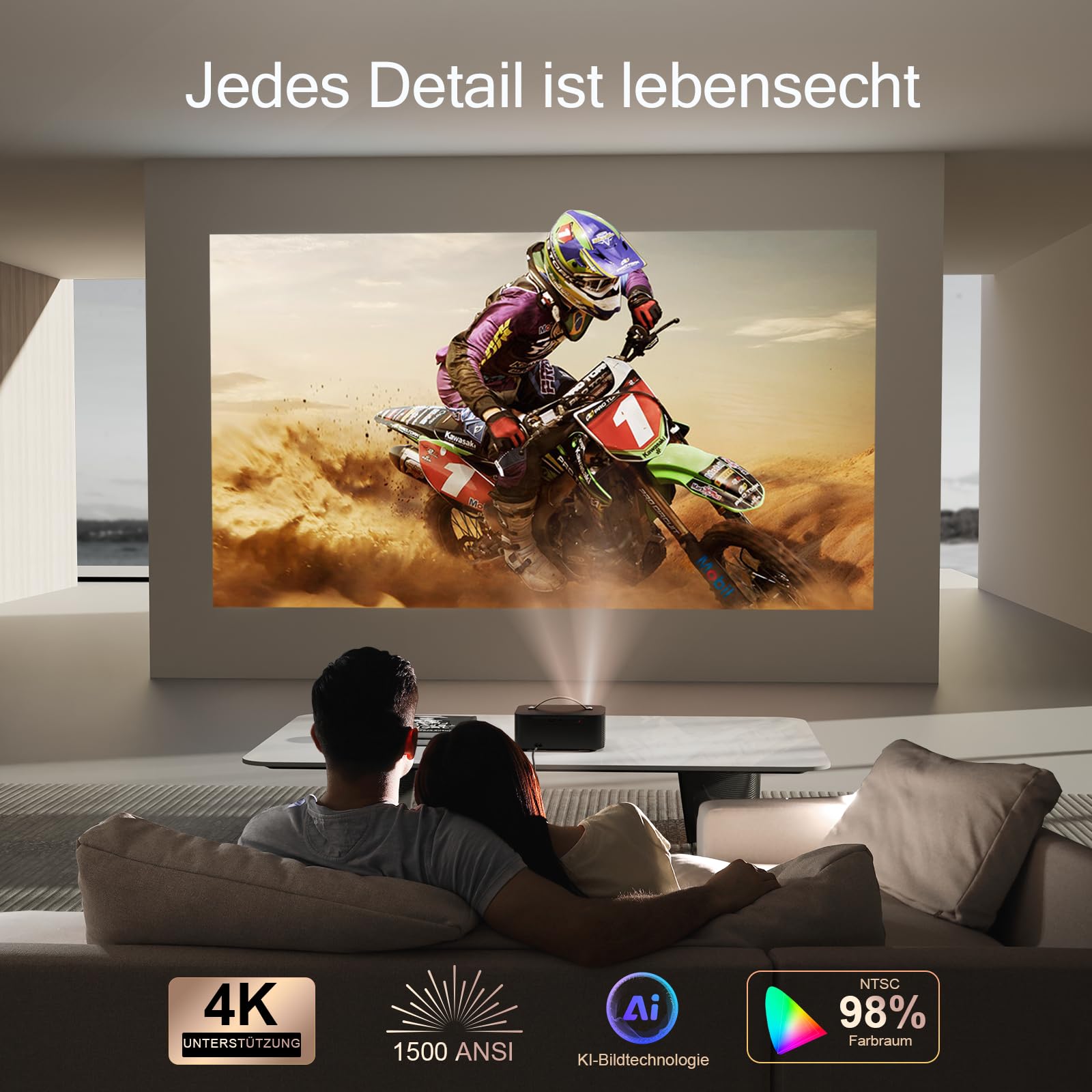 Beamer 4k Heimkino【800+Offizielle Apps&Dolby Audio】 1500 ANSI KI Fokus ONOAYO HDR10 Projektor WiFi 6 Bluetooth 5.4 Smart mini Beamer Geeignet für Filmabende, Partys und die Fußball-Weltmeisterschaft