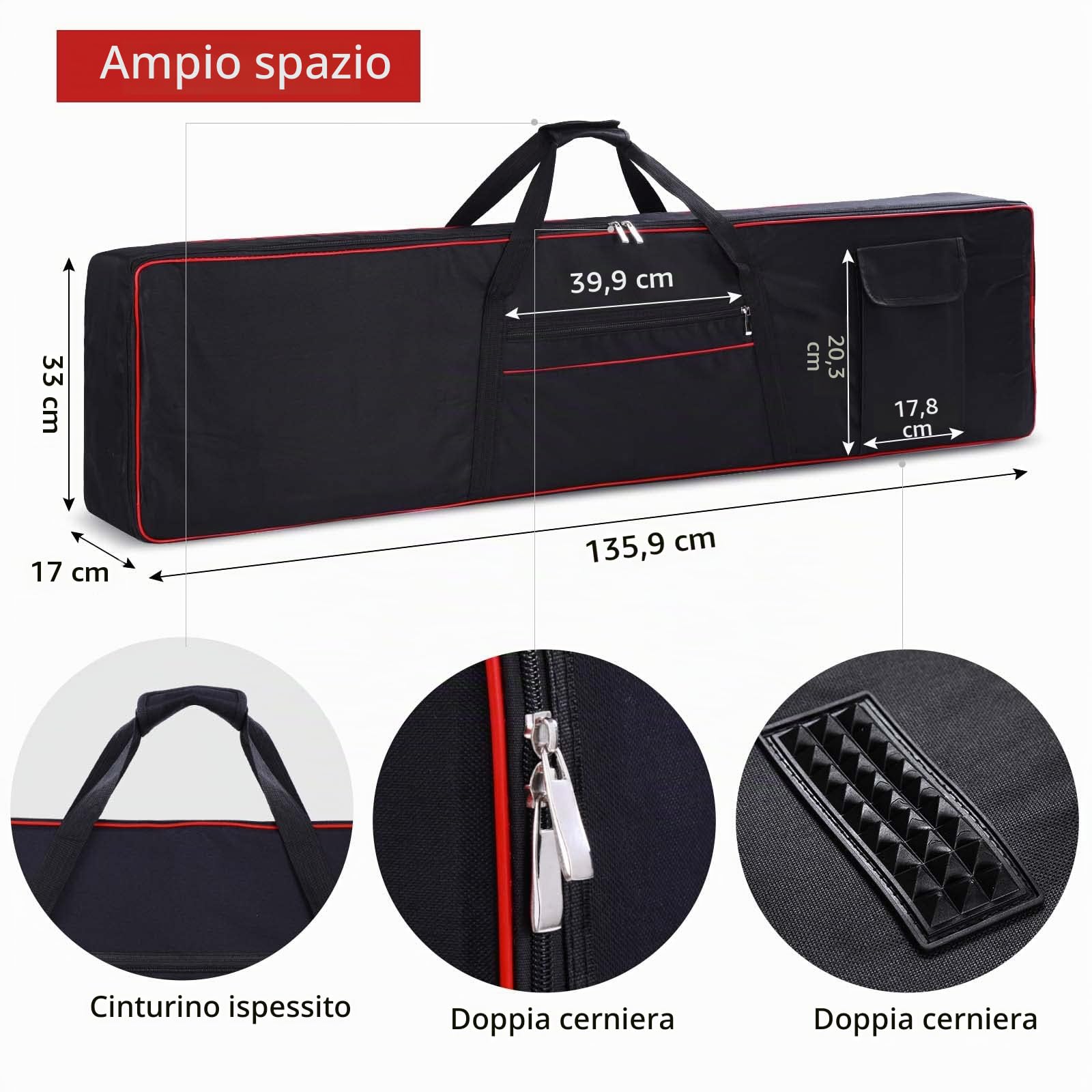 Monkeysell Custodia per tastiera a 88 tasti, custodia per tastiera con 2 tasche, interno in tessuto Oxford 600D, copertura completa per proteggere pianoforte digitale, 88 tasti, 135,9 x 33 x 17,7 cm
