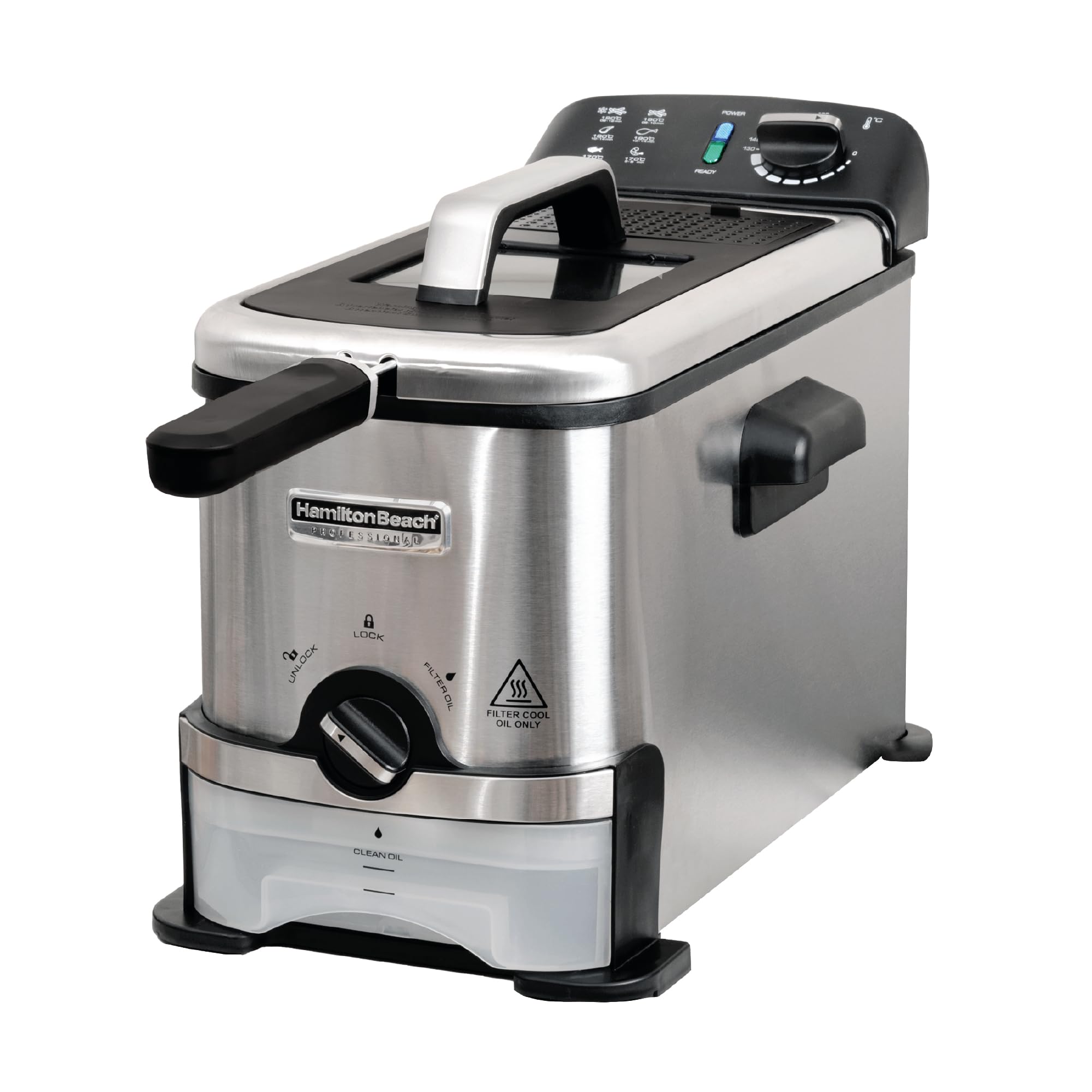 Hamilton Beach Deep Fat Fryer, PureFry, Professional 3L, Oil Filtration System, Oil Storage Box, Stainless Steel, Cool-Touch Handles, Adjustable Temperature, Dishwasher Safe Parts, Silver - HB189PDF