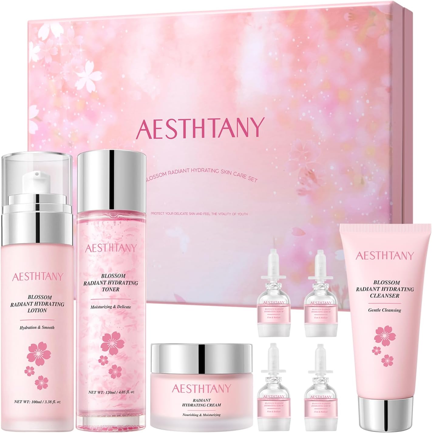 Sakura Skin Care Sets & Kits, Korean Skincare Set, Beauty Gift Sets for Women – Cleanser, Toner, Lotion, Serum 10ml*4, Cream, Pamper Sets for Women Gifts for All Skin Types