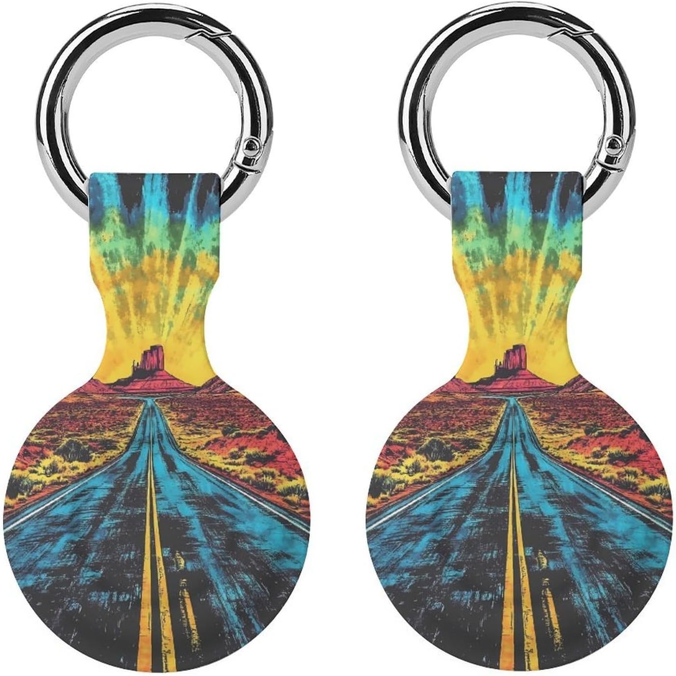 Retro Tiedye Road Desert Funny Cover Compatible with AirTag Case Protector GPS Tracker Holder with Keychain