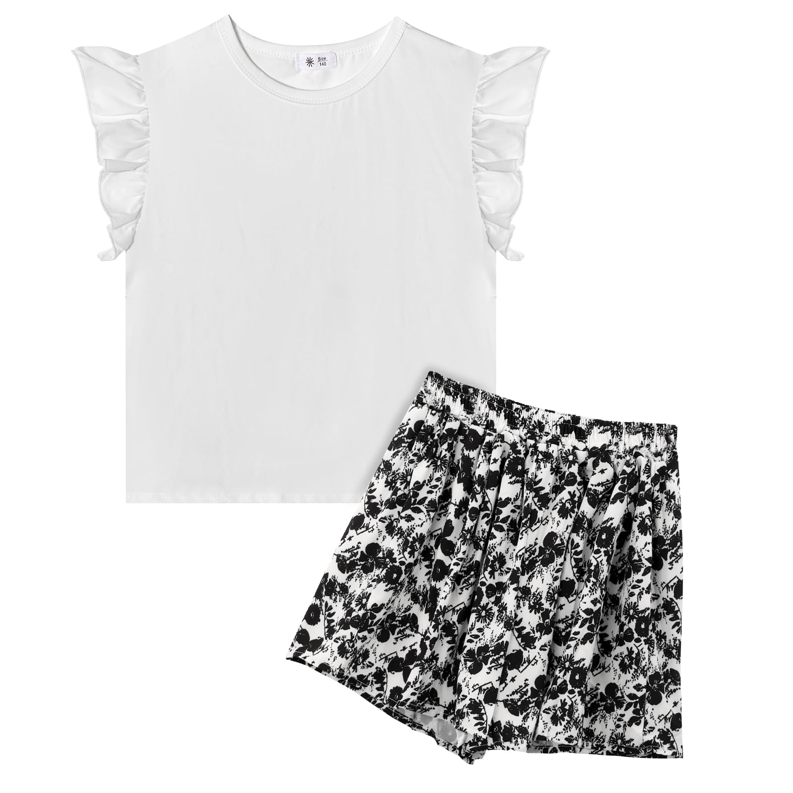 KAKU NANU Ropa para niñas Conjuntos de verano 3-10 años Camiseta lisa sin mangas con volantes Pantalones cortos Cuello redondo Negro Blanco Rojo Amarillo Rosa Morado Azul