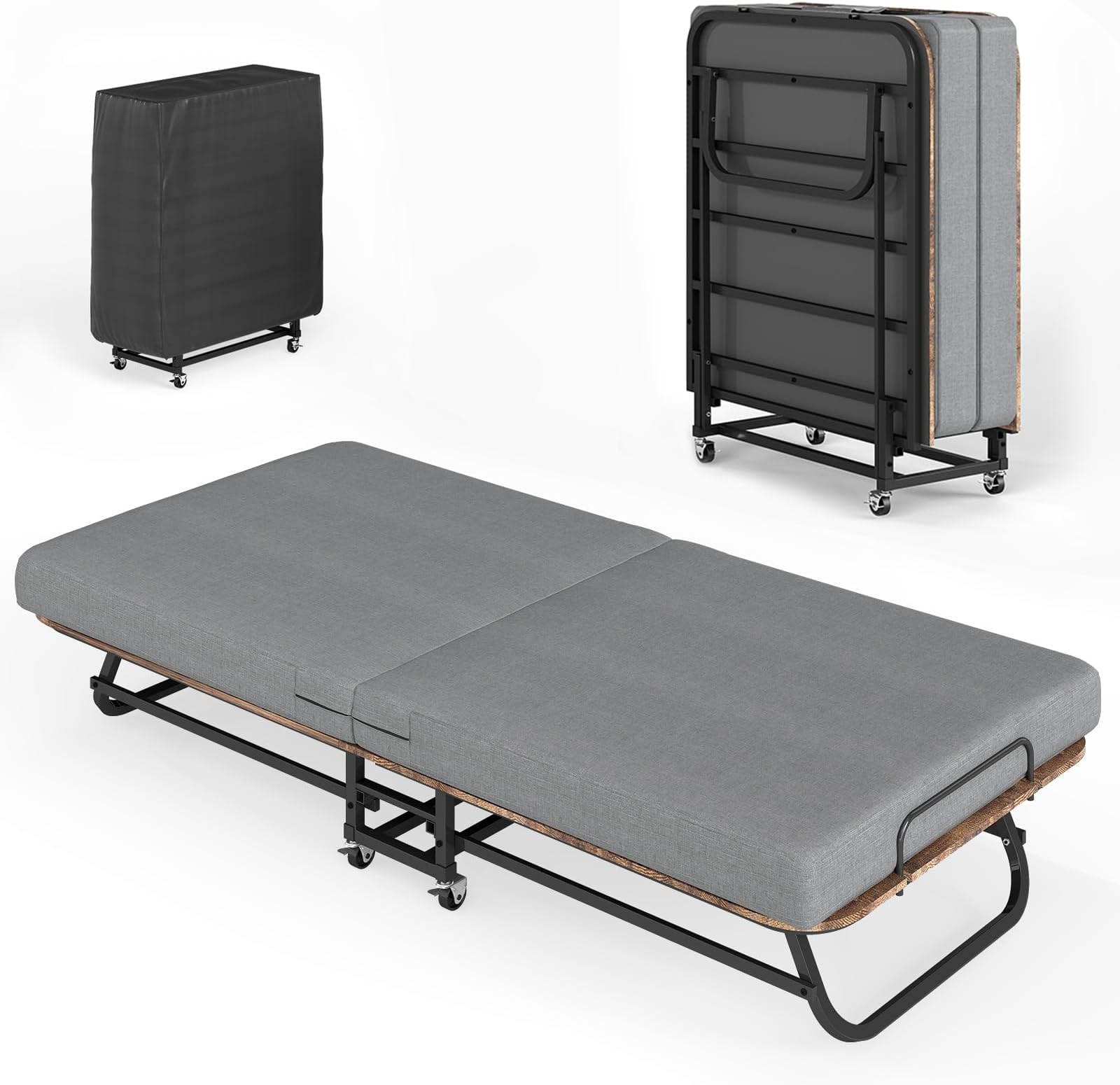 Folding Bed with Mattress, Single Cot Foldable Rollaway Beds with Mattress for Adults, Space Saving Foldable Bed for Easy Storage, Memory Foam Mattress with Metal Bed Frame for Guest, Small Apartment