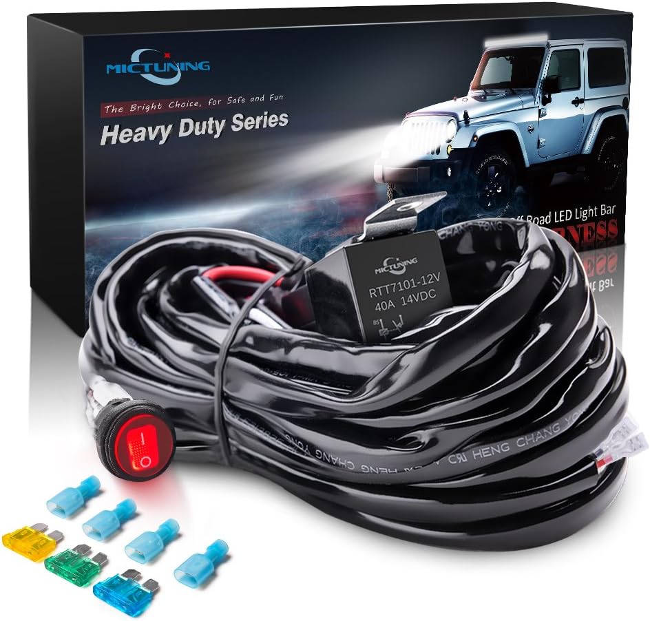 MICTUNING HD 14AWG 300w LED Light Bar Wiring Harness Fuse 40Amp Relay ON-OFF Waterproof Switch(1Lead)