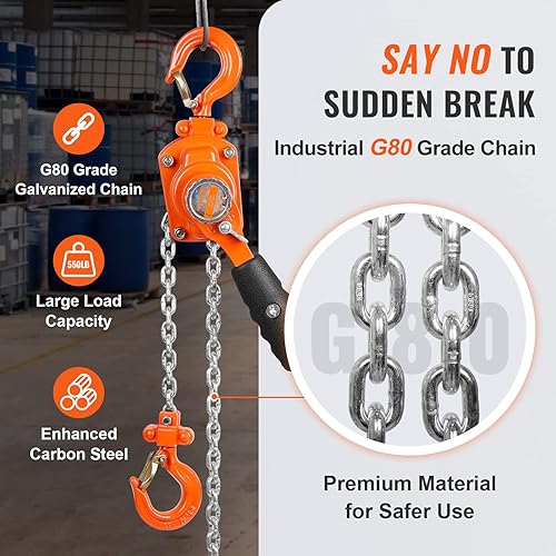 Miniatura 4 de VEVOR Polipasto de cadena de palanca manual, 14 tonelada 550 libras de capacidad de 10 pies, acero al carbono galvanizado G80 con freno Weston de