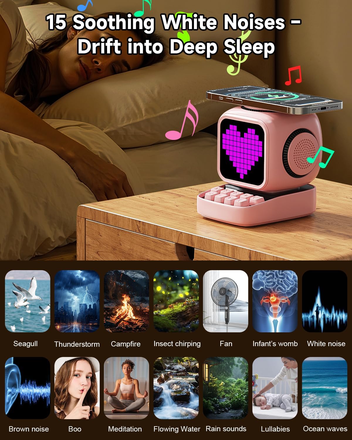 Retro Robot 5-in-1 Bluetooth Speaker: 15W Wireless Charger, Pixel LED Screen, 10W Stereo Sound & 15 White Noise, Alarm Clock, Cute Portable Wireless Speaker for Bedroom Desk Office, Birthday Gifts 9 71C9DMYhB7L. AC SL1500